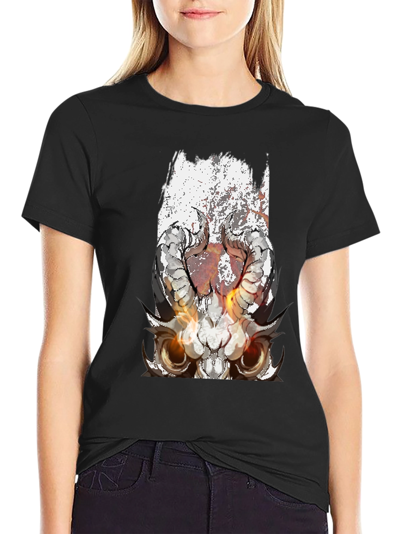 Black T-Shirt with Skull and Horns Graphic