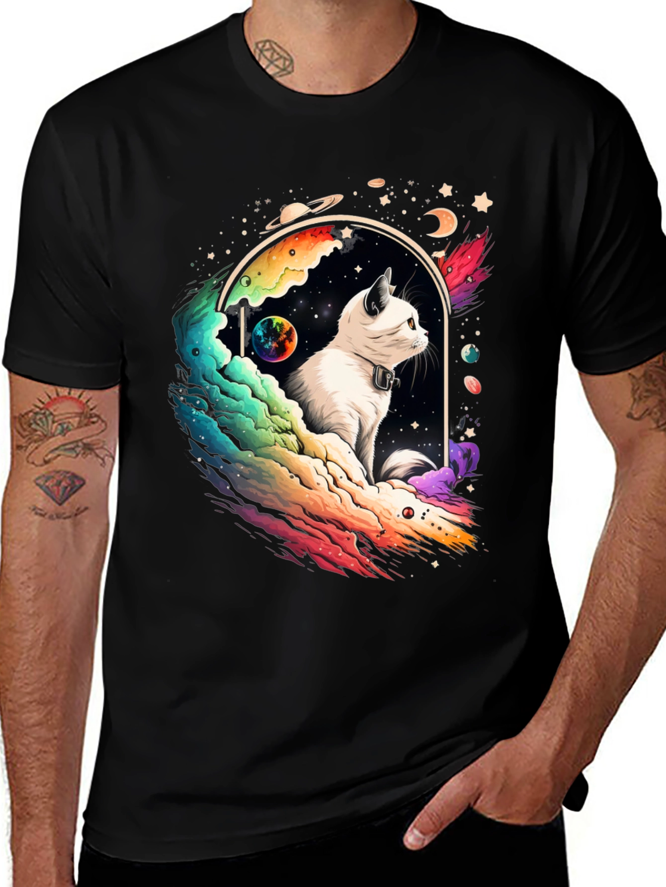 Cosmic Cat Graphic Tee - Unisex Black T-Shirt