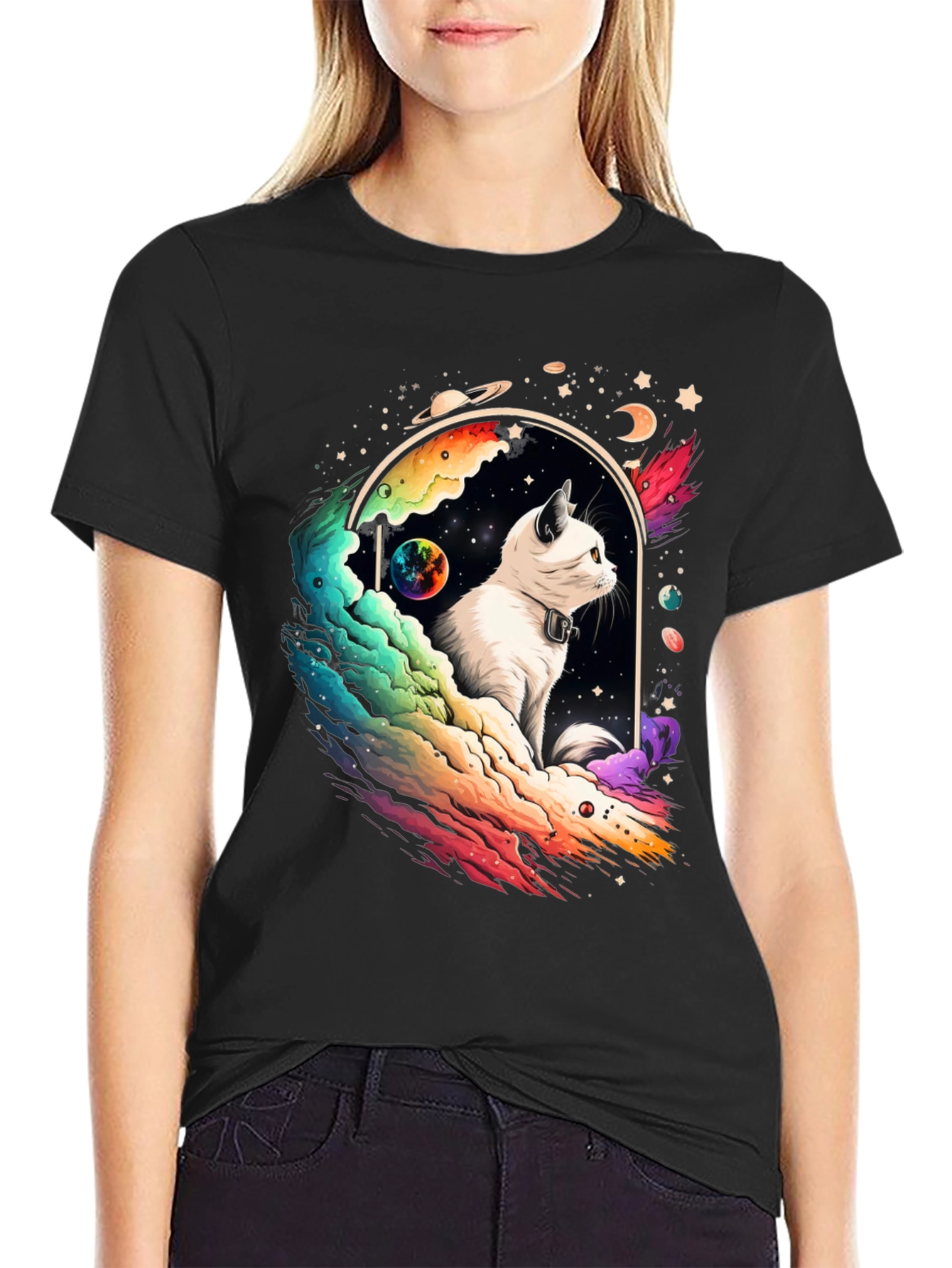 Cosmic Cat Graphic Tee - Unisex Black T-Shirt