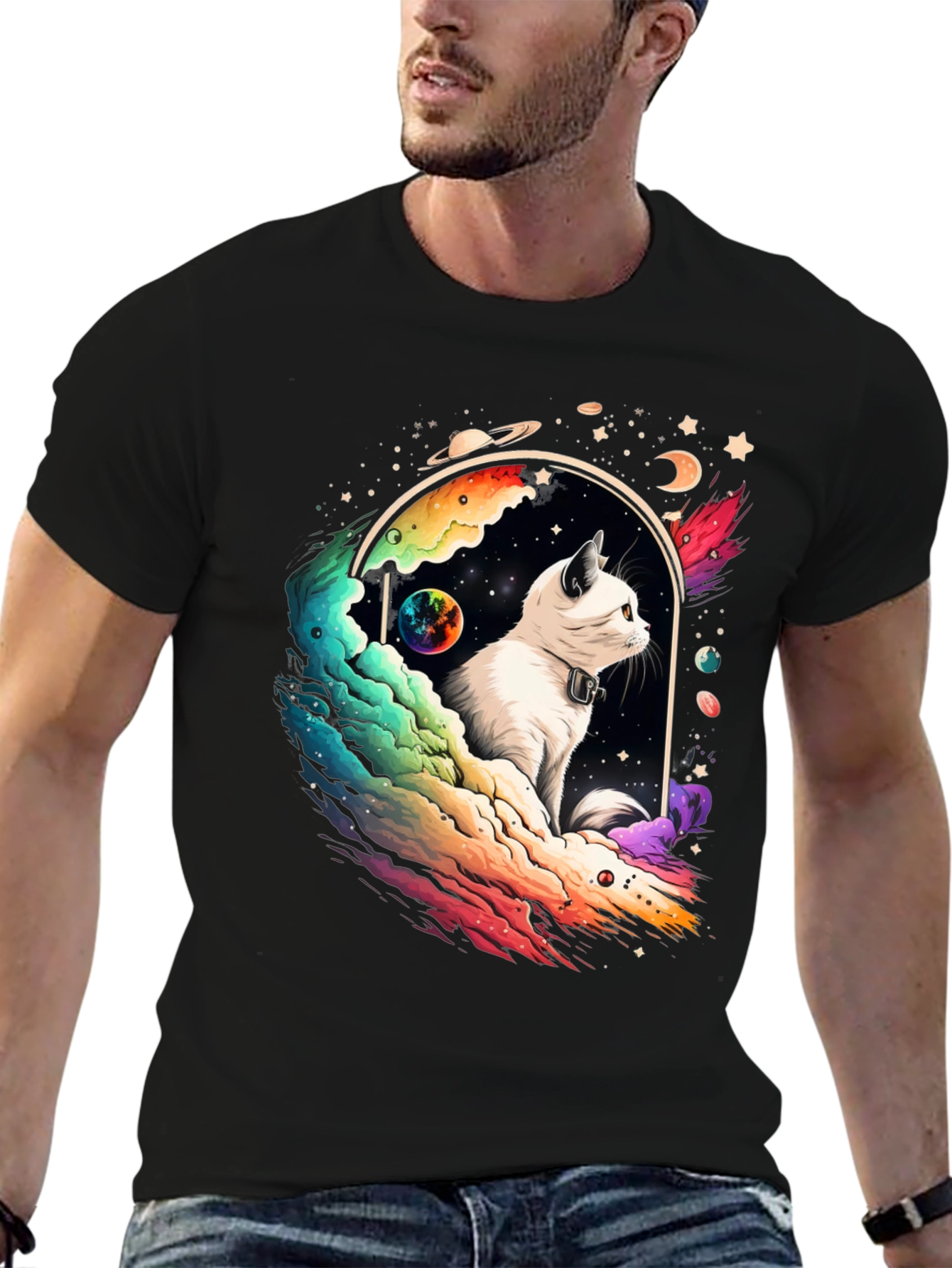 Cosmic Cat Graphic Tee - Unisex Black T-Shirt