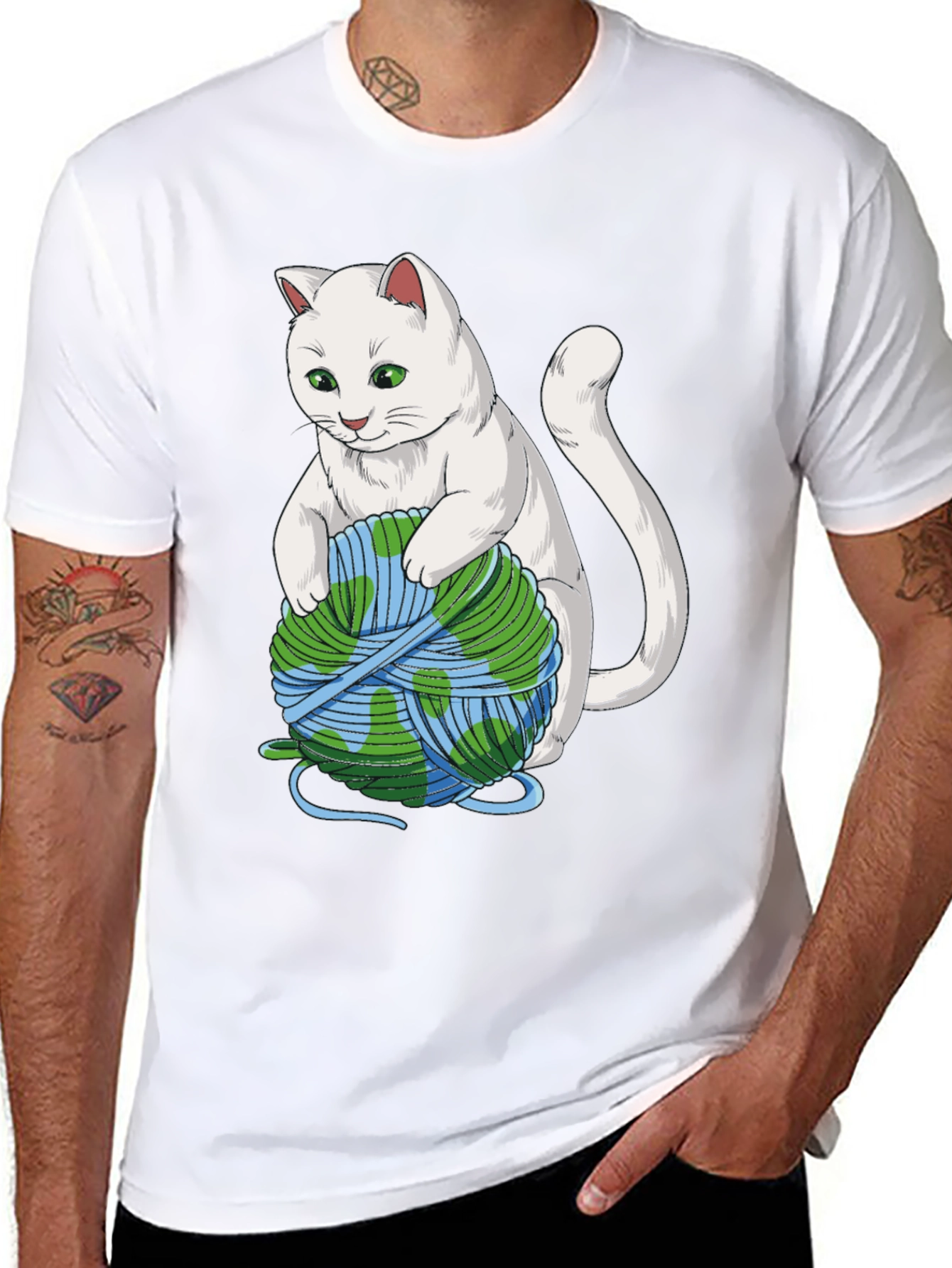 Cat with Earth Yarn T-Shirt - Global Warming Awareness