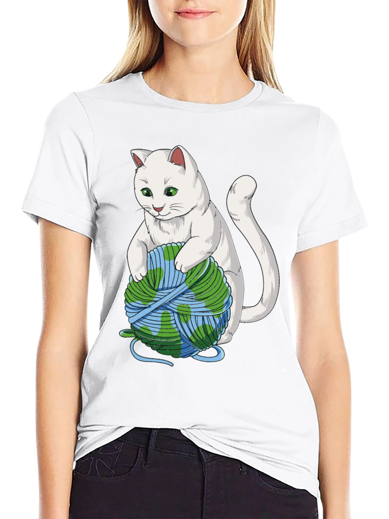 Cat with Earth Yarn T-Shirt - Global Warming Awareness
