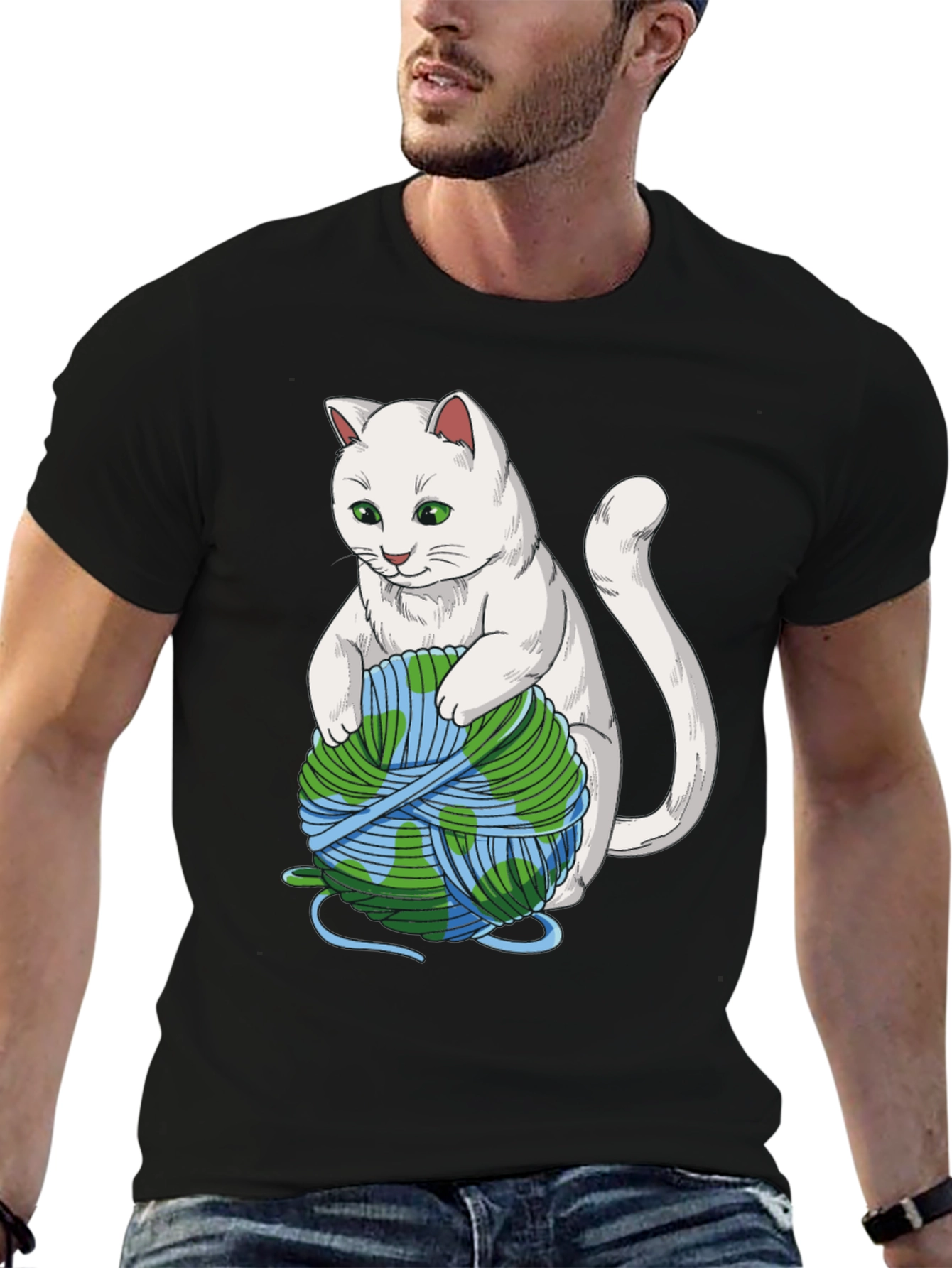 Cat with Earth Yarn T-Shirt - Global Warming Awareness