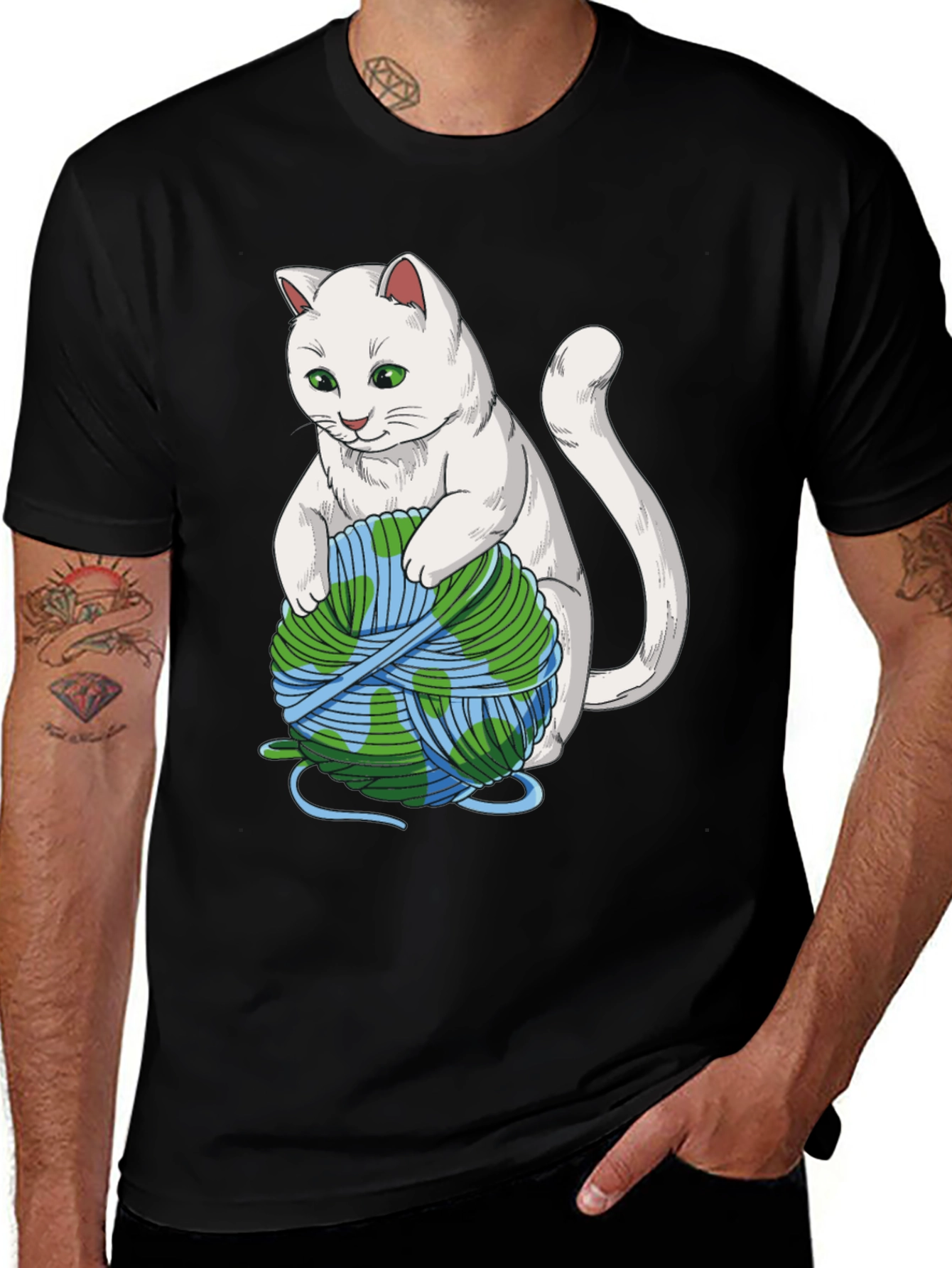 Cat with Earth Yarn T-Shirt - Global Warming Awareness