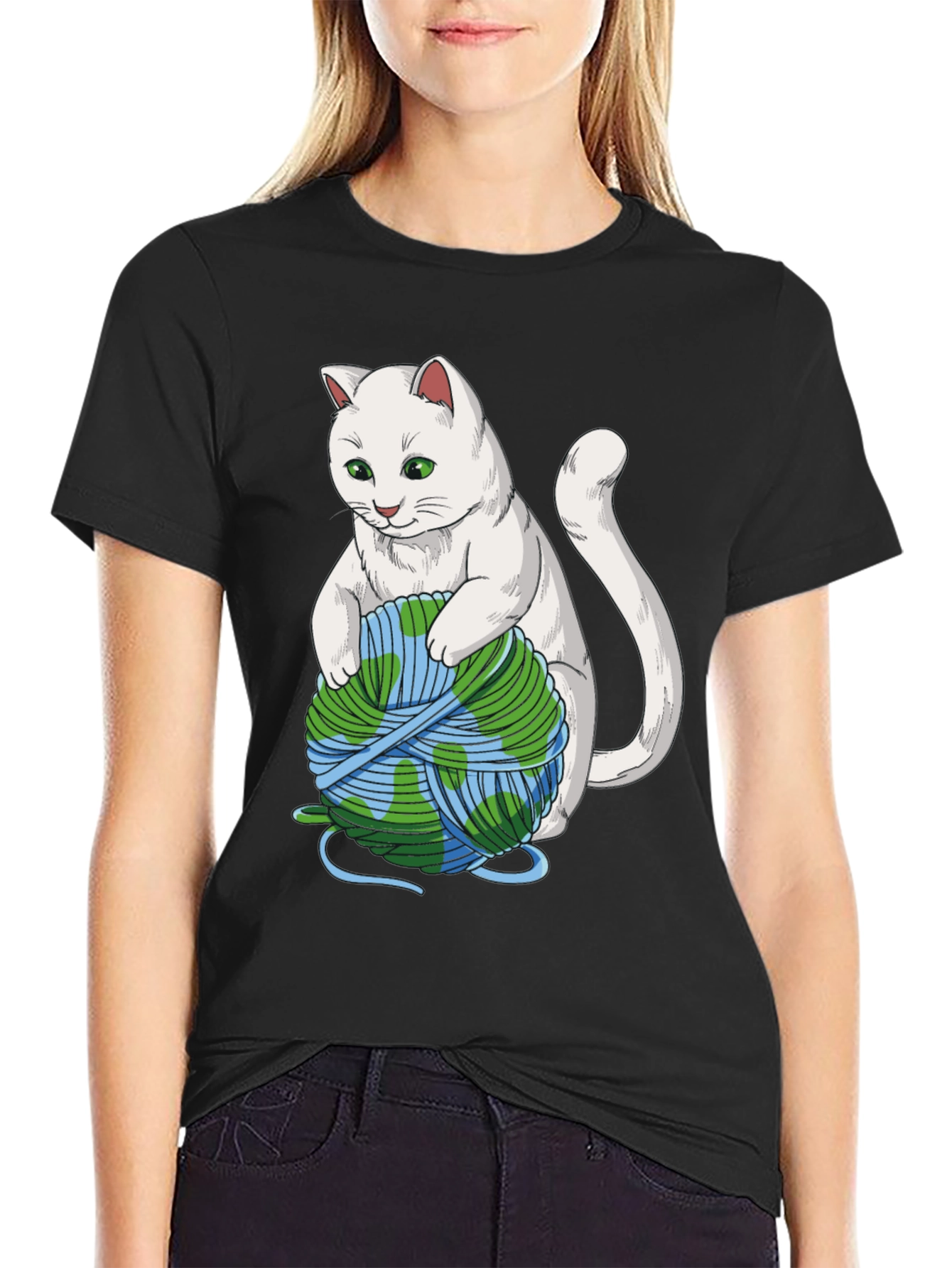 Cat with Earth Yarn T-Shirt - Global Warming Awareness