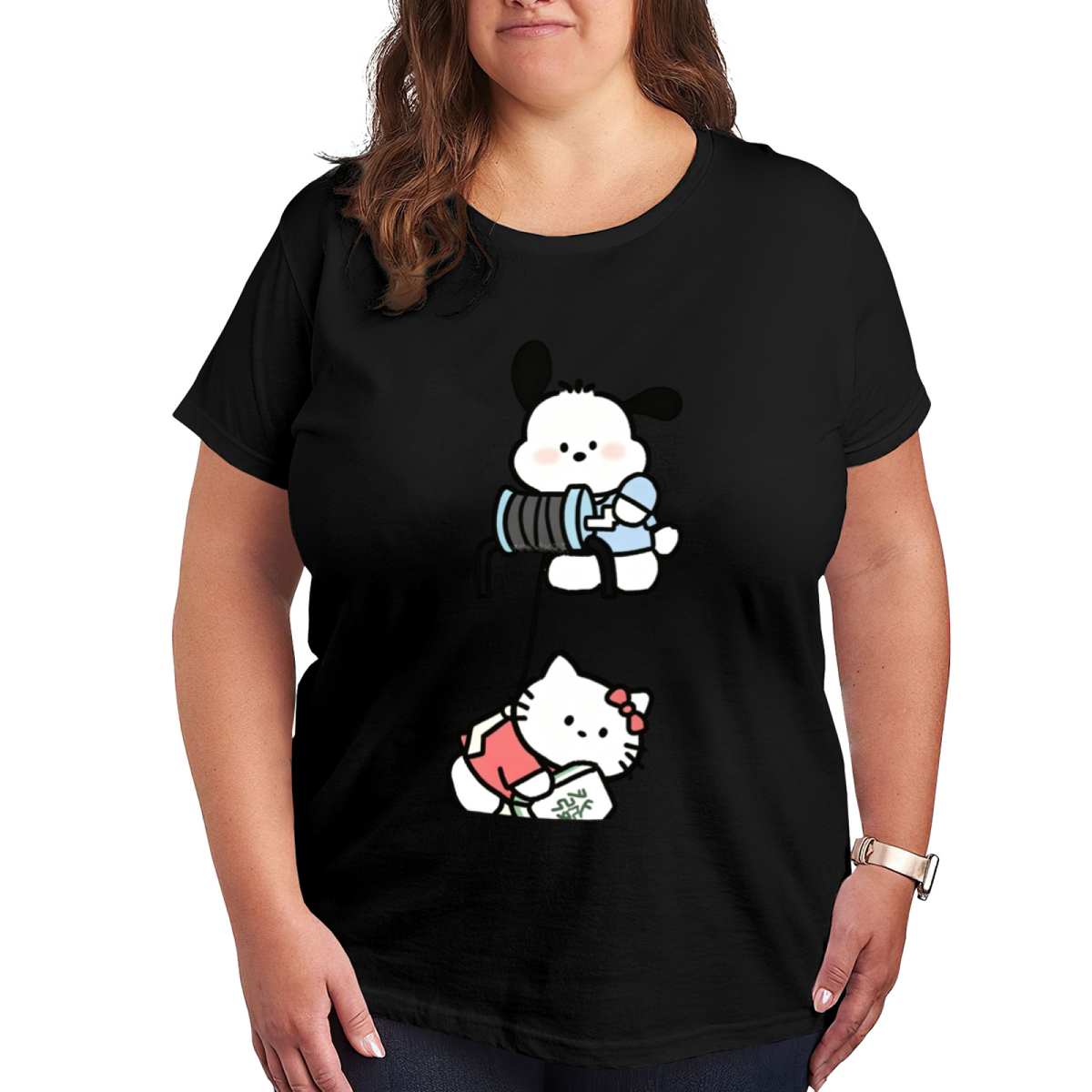 Cute Pochacco & Hello Kitty Fun Interaction Plus?Size Women T?Shirt