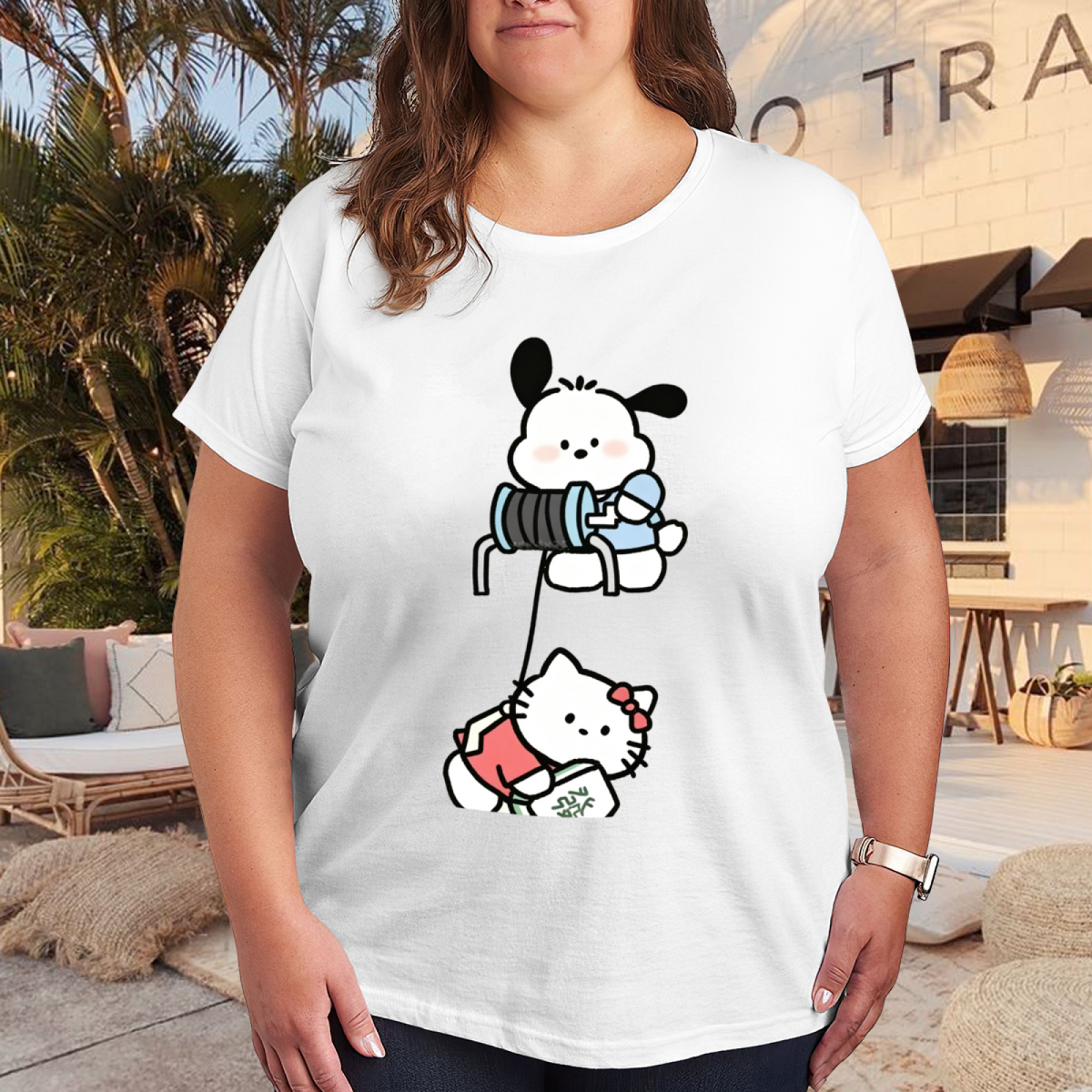 Cute Pochacco & Hello Kitty Fun Interaction Plus?Size Women T?Shirt