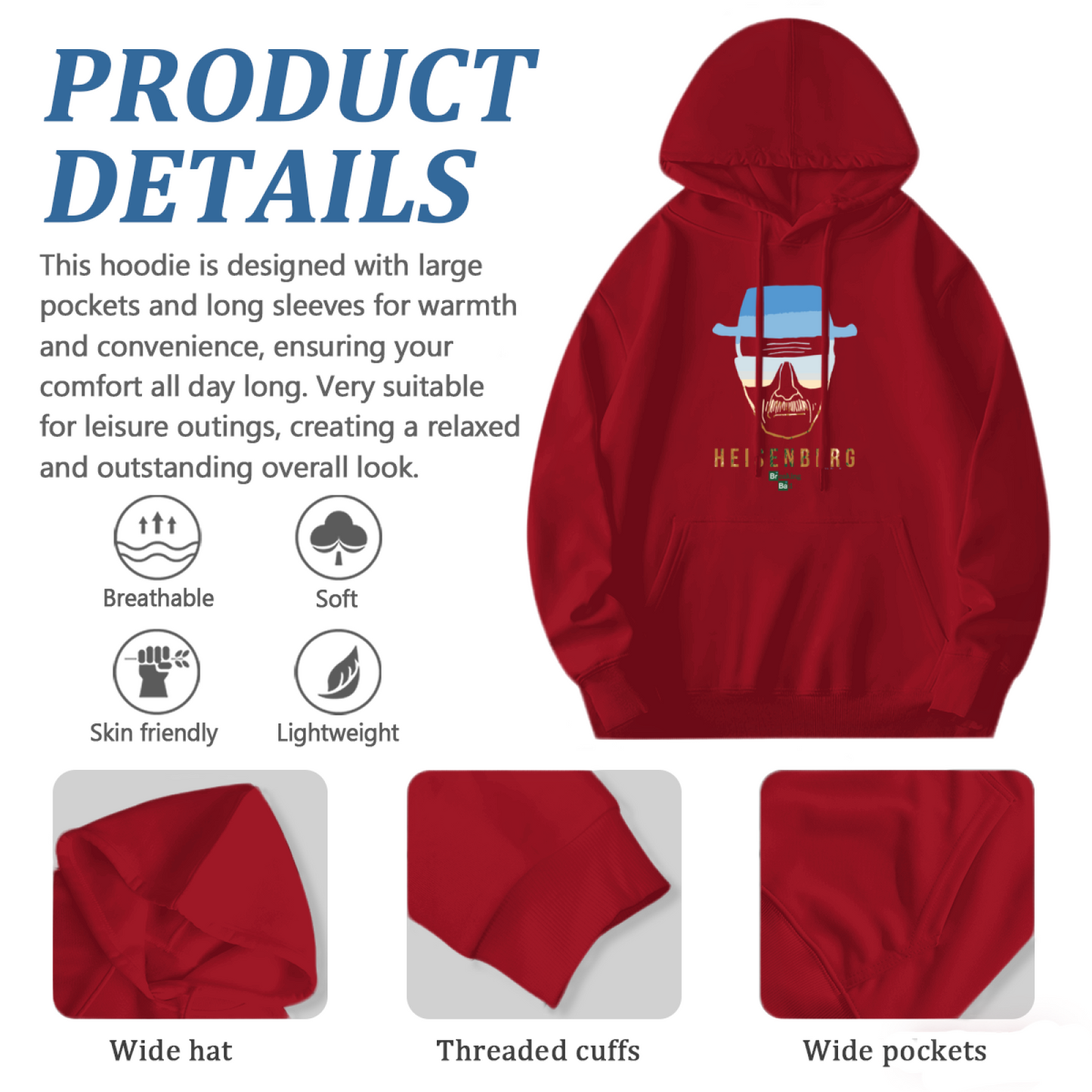 Classic Heisenberg Breaking Bad Fan Hoodie, Warm Unisex Pullover