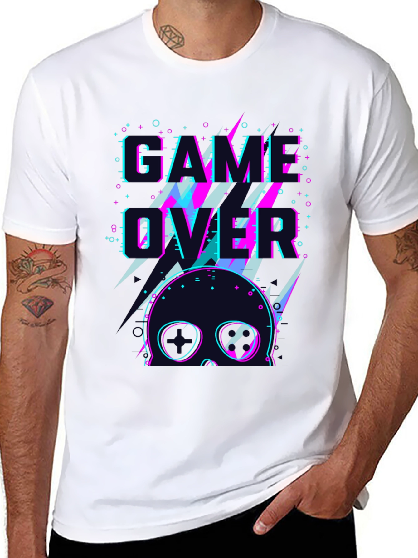 Game Over Skull Graphic Tee - Black Crew Neck