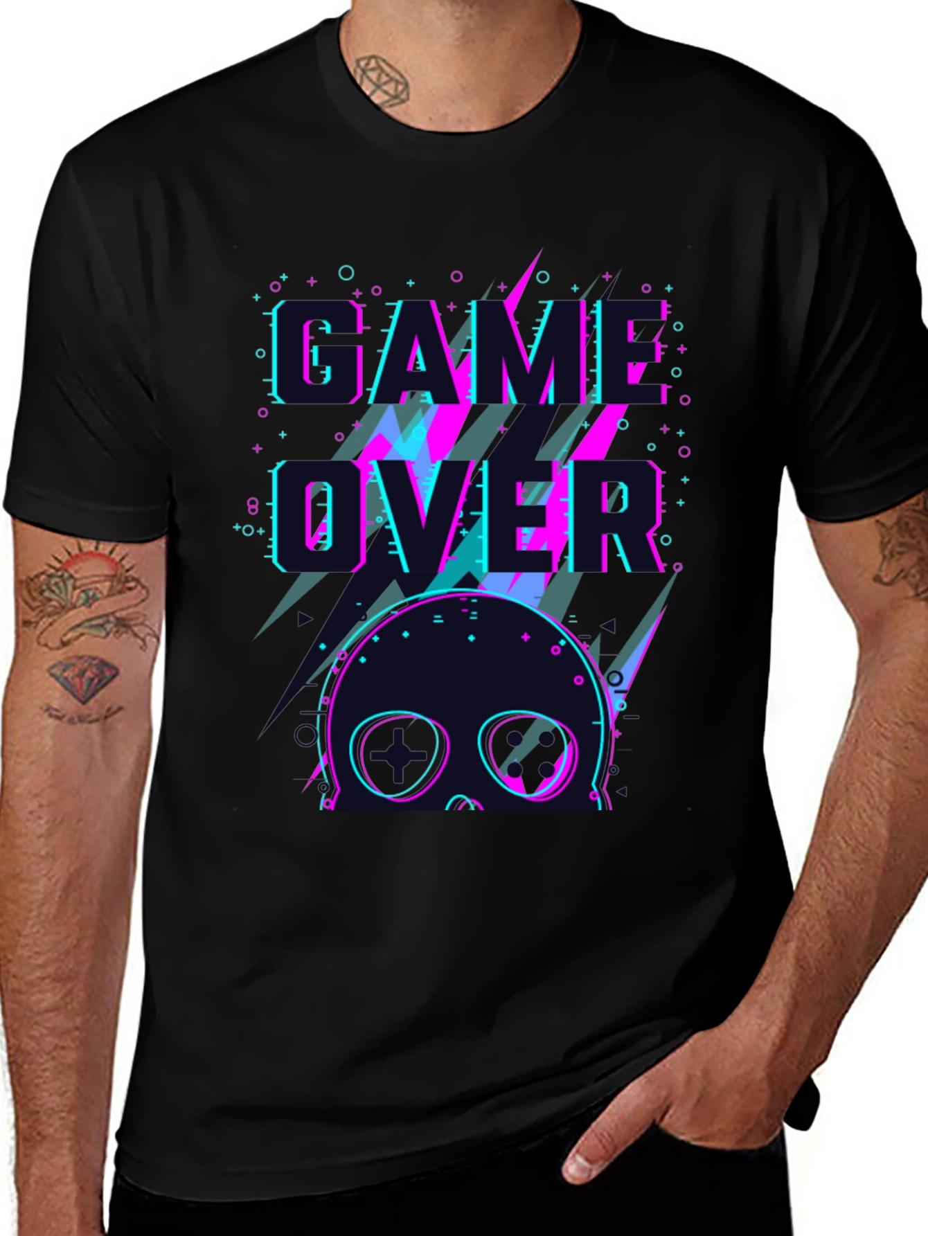 Game Over Skull Graphic Tee - Black Crew Neck