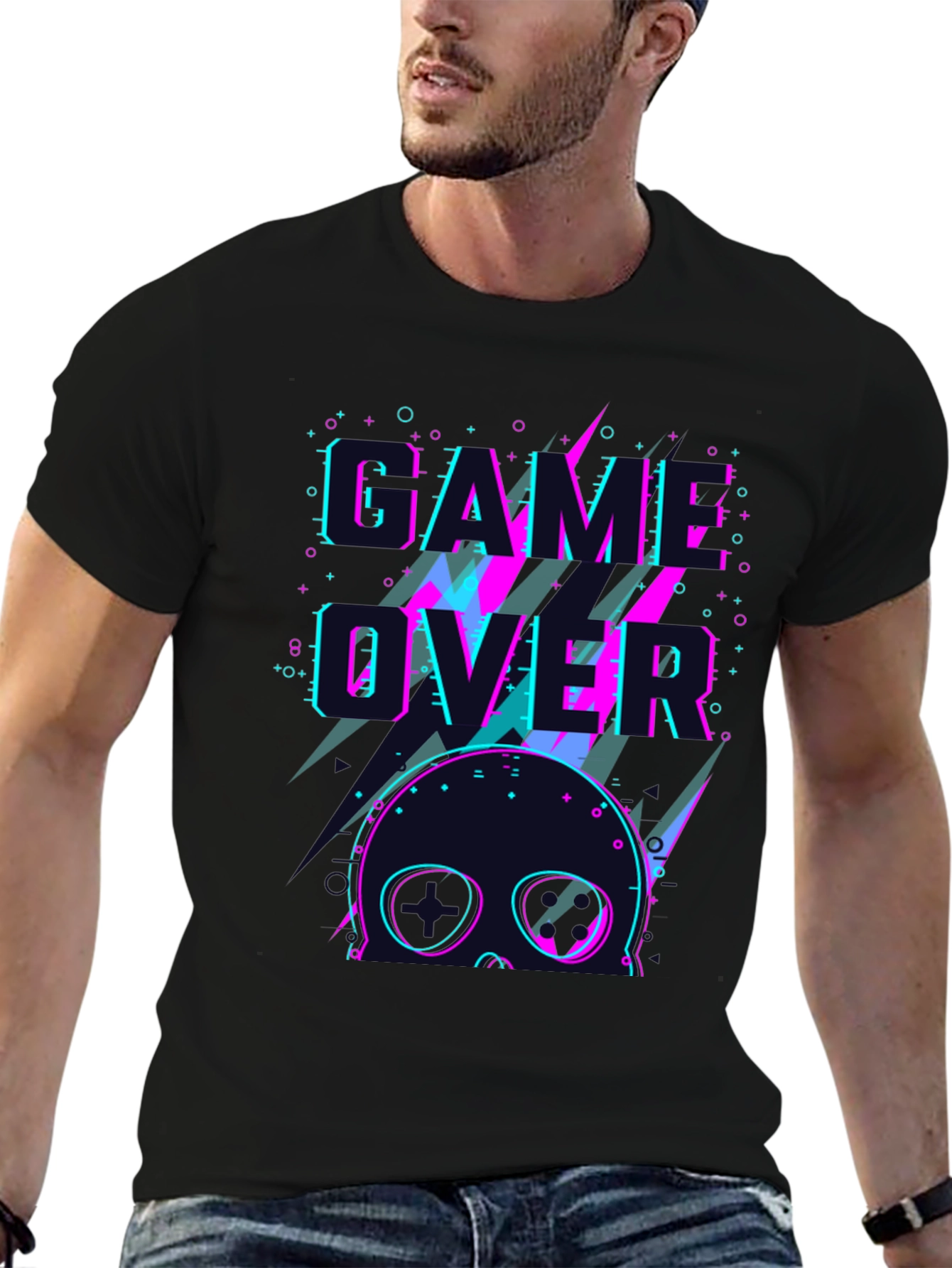 Game Over Skull Graphic Tee - Black Crew Neck