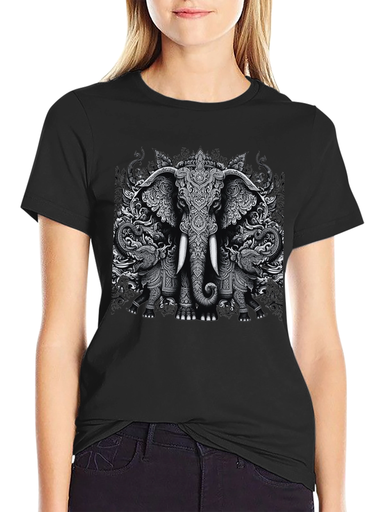 Elephant Print Black T-Shirt Graphic Tee