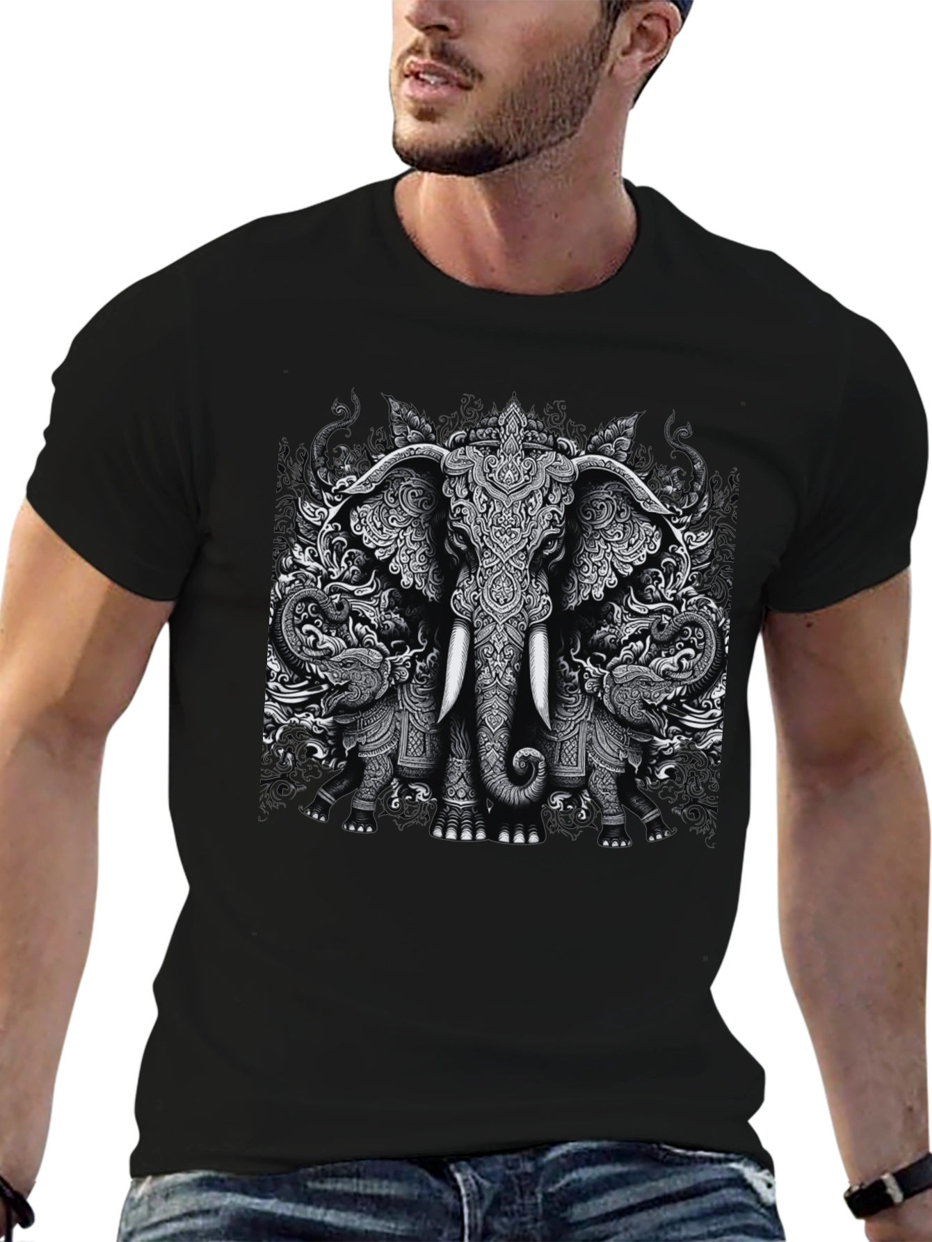 Elephant Print Black T-Shirt Graphic Tee
