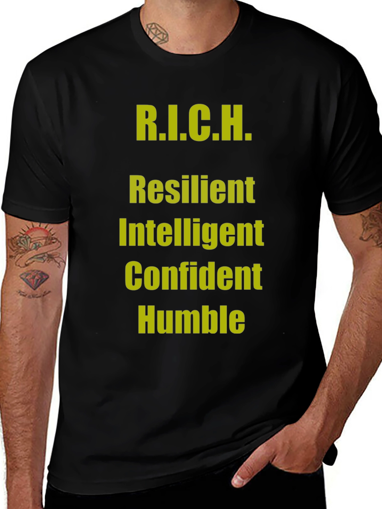R.I.C.H. Black T-Shirt - Resilient Intelligent Confident Humble