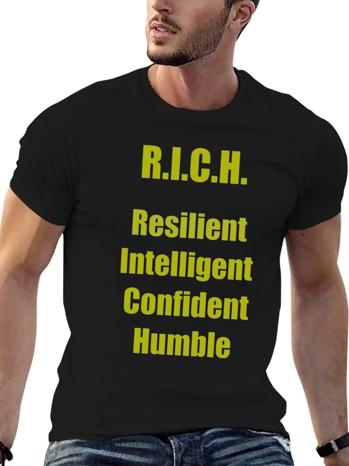 R.I.C.H. Black T-Shirt - Resilient Intelligent Confident Humble