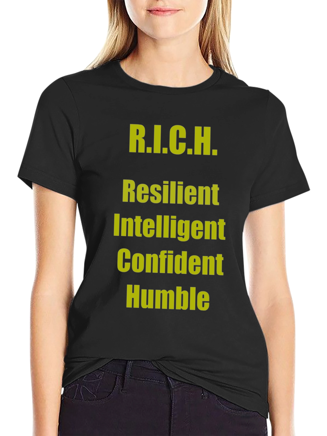 R.I.C.H. Black T-Shirt - Resilient Intelligent Confident Humble