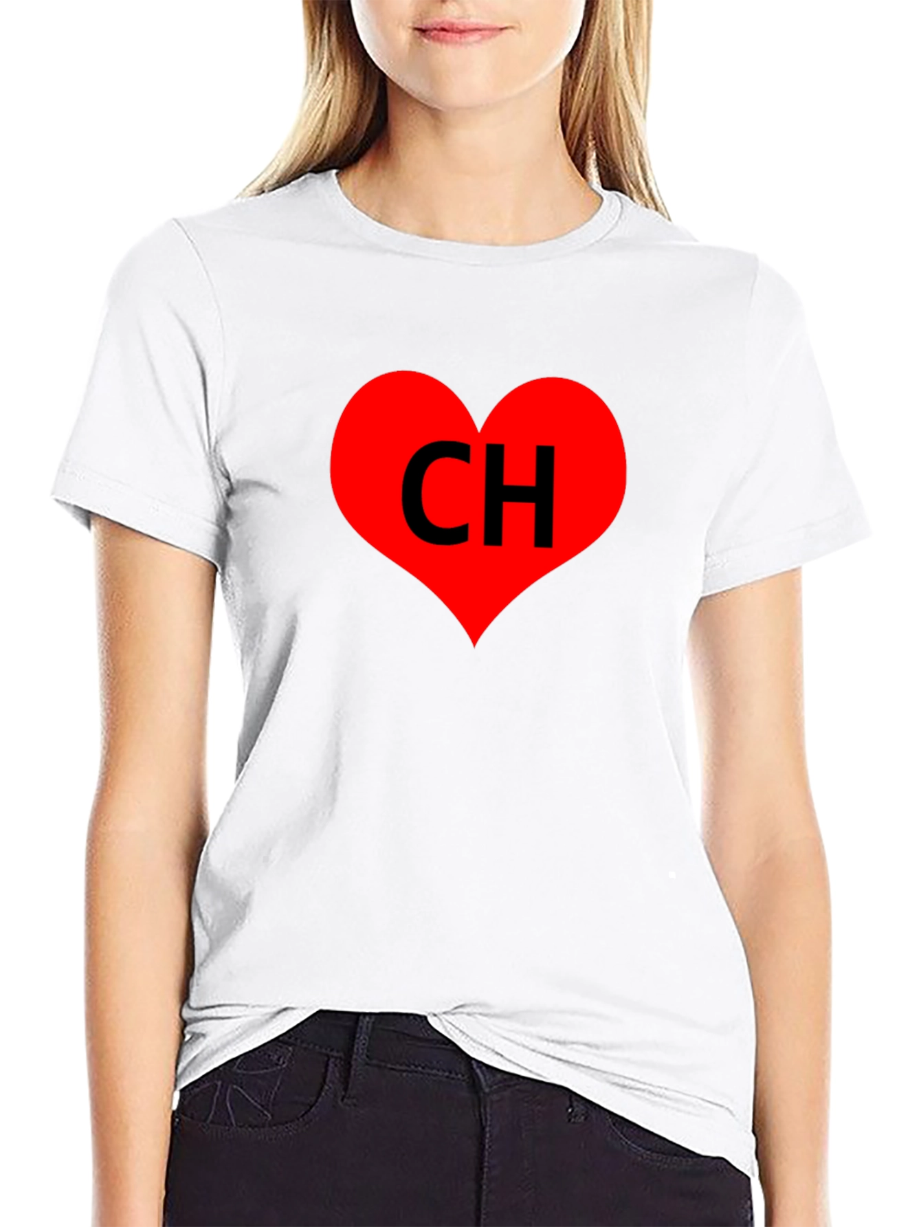 Black T-Shirt with Red Heart CH Graphic Print