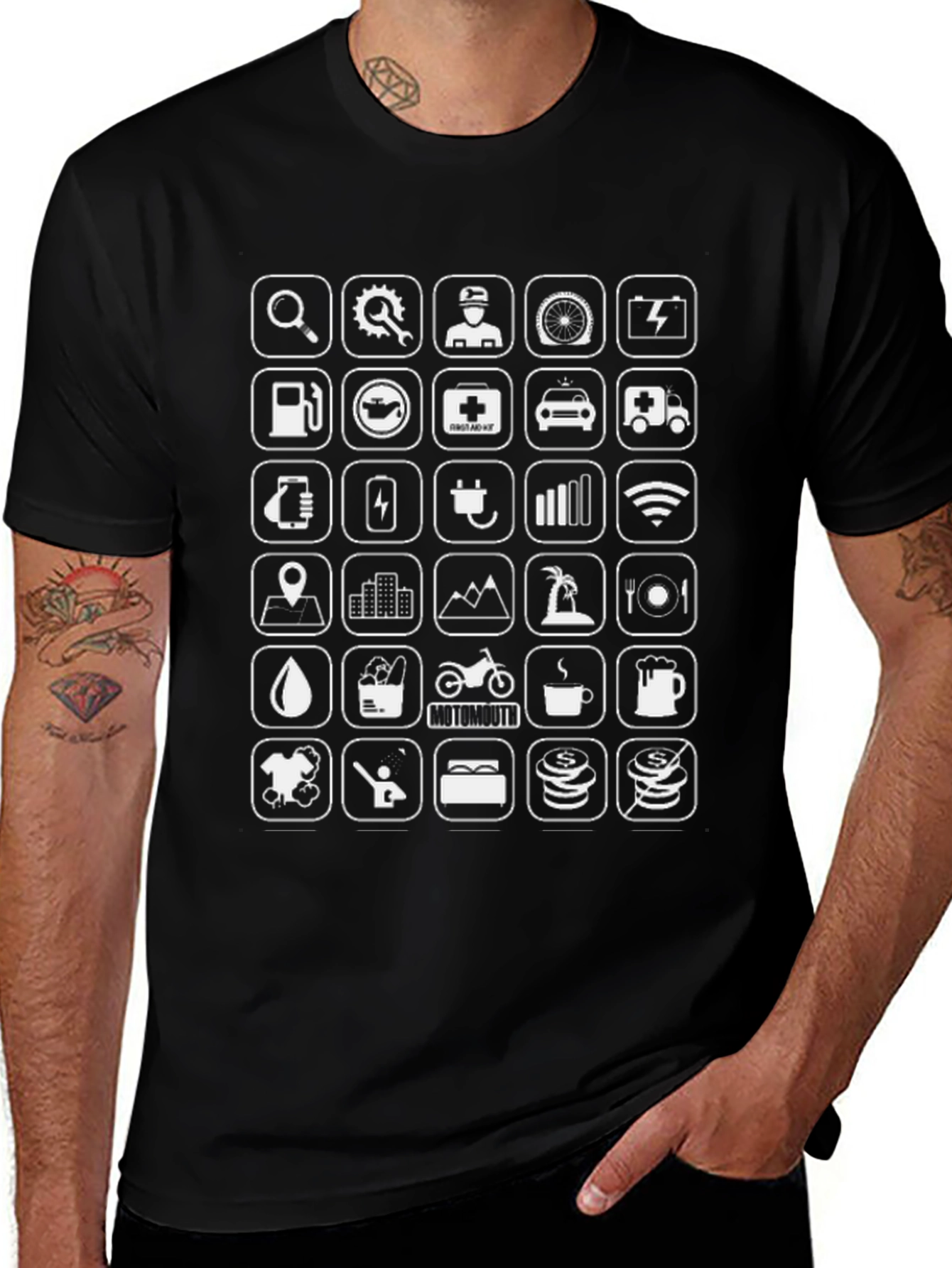 Mens Black Graphic T-Shirt - Road Trip Icons