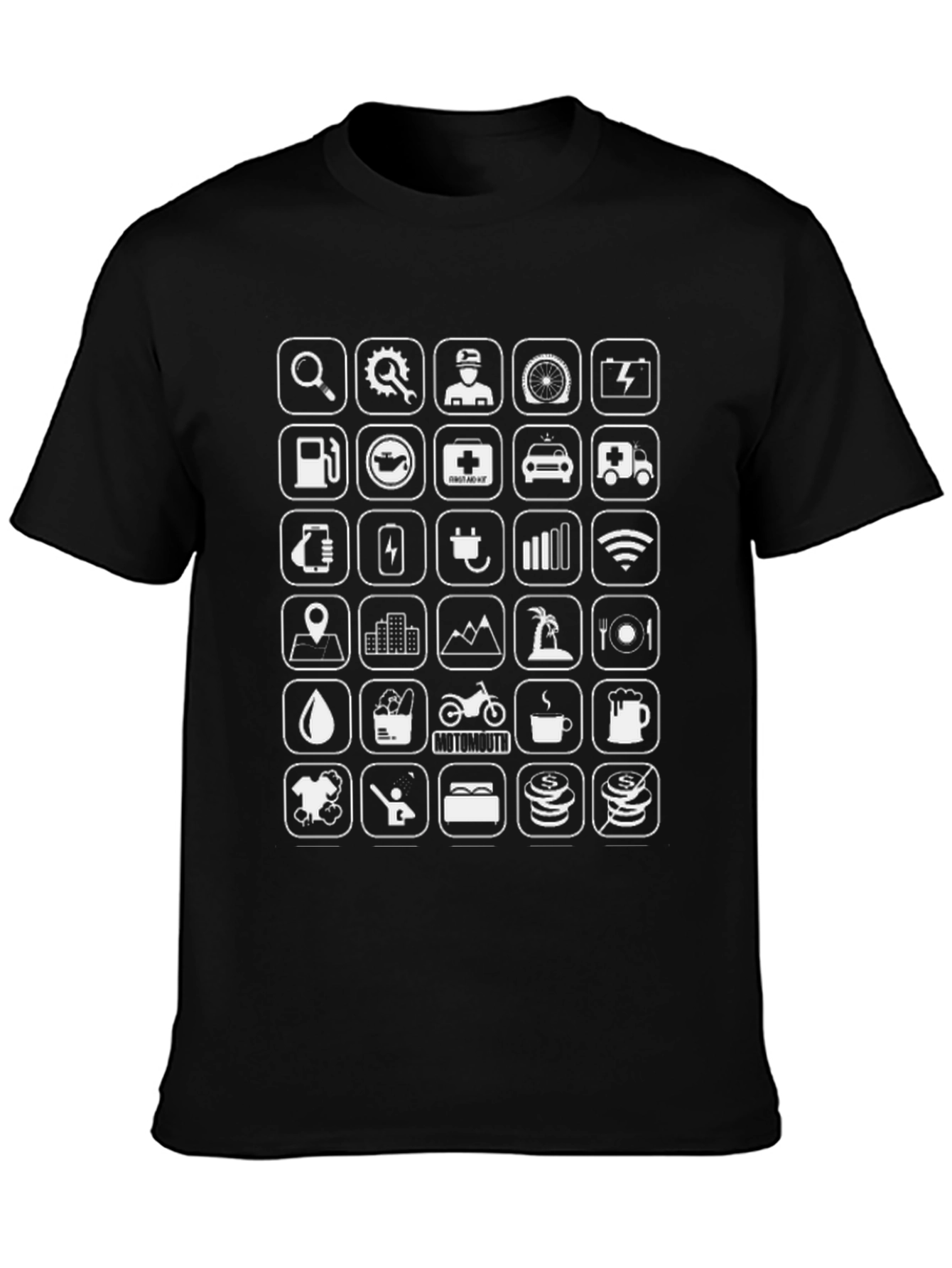 Mens Black Graphic T-Shirt - Road Trip Icons
