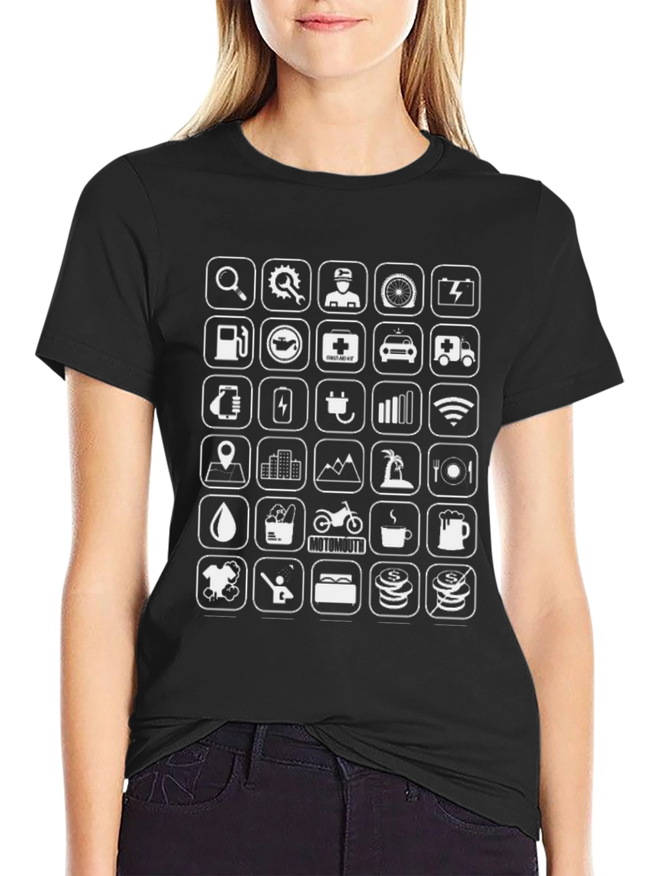 Mens Black Graphic T-Shirt - Road Trip Icons