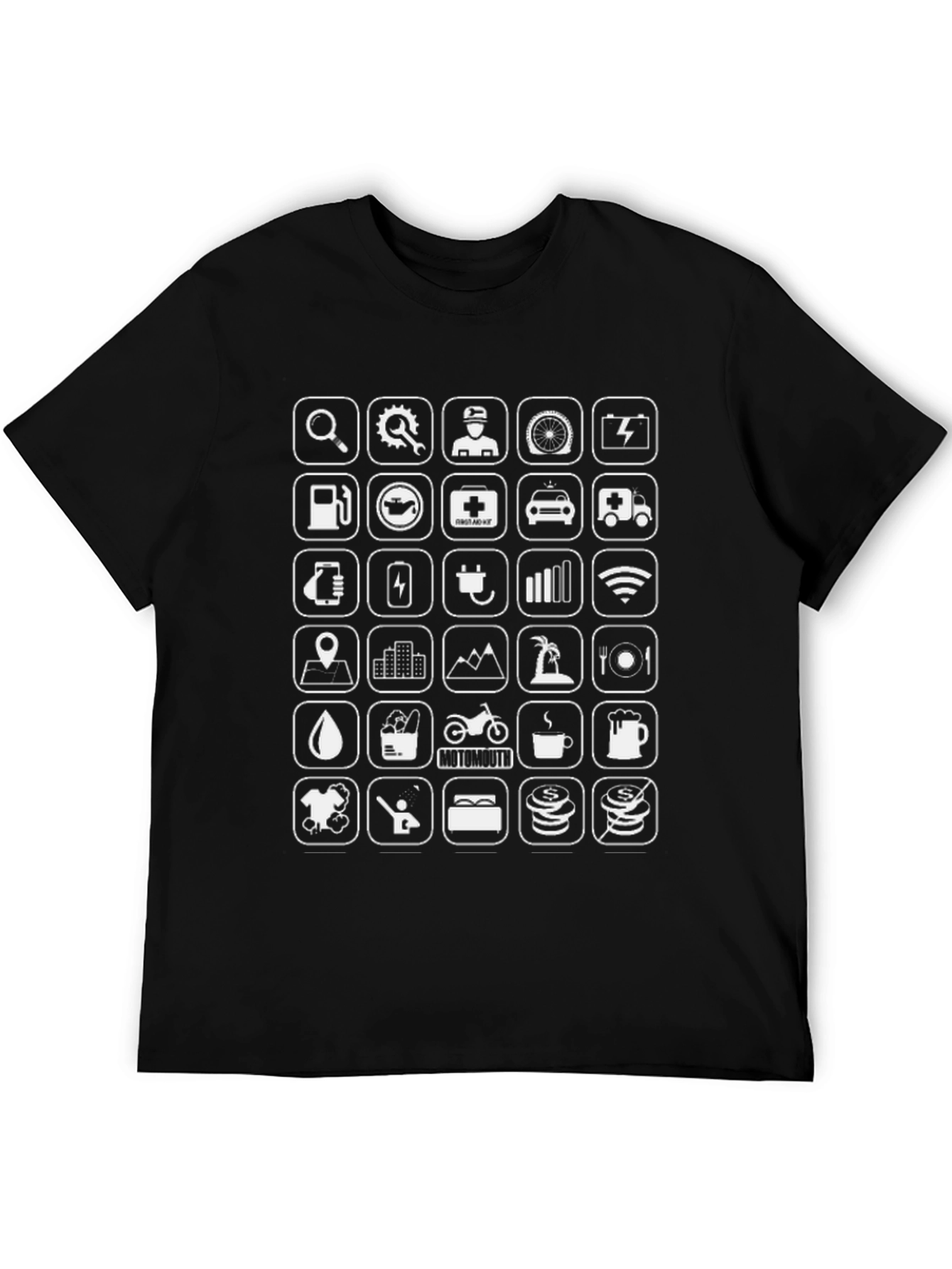 Mens Black Graphic T-Shirt - Road Trip Icons