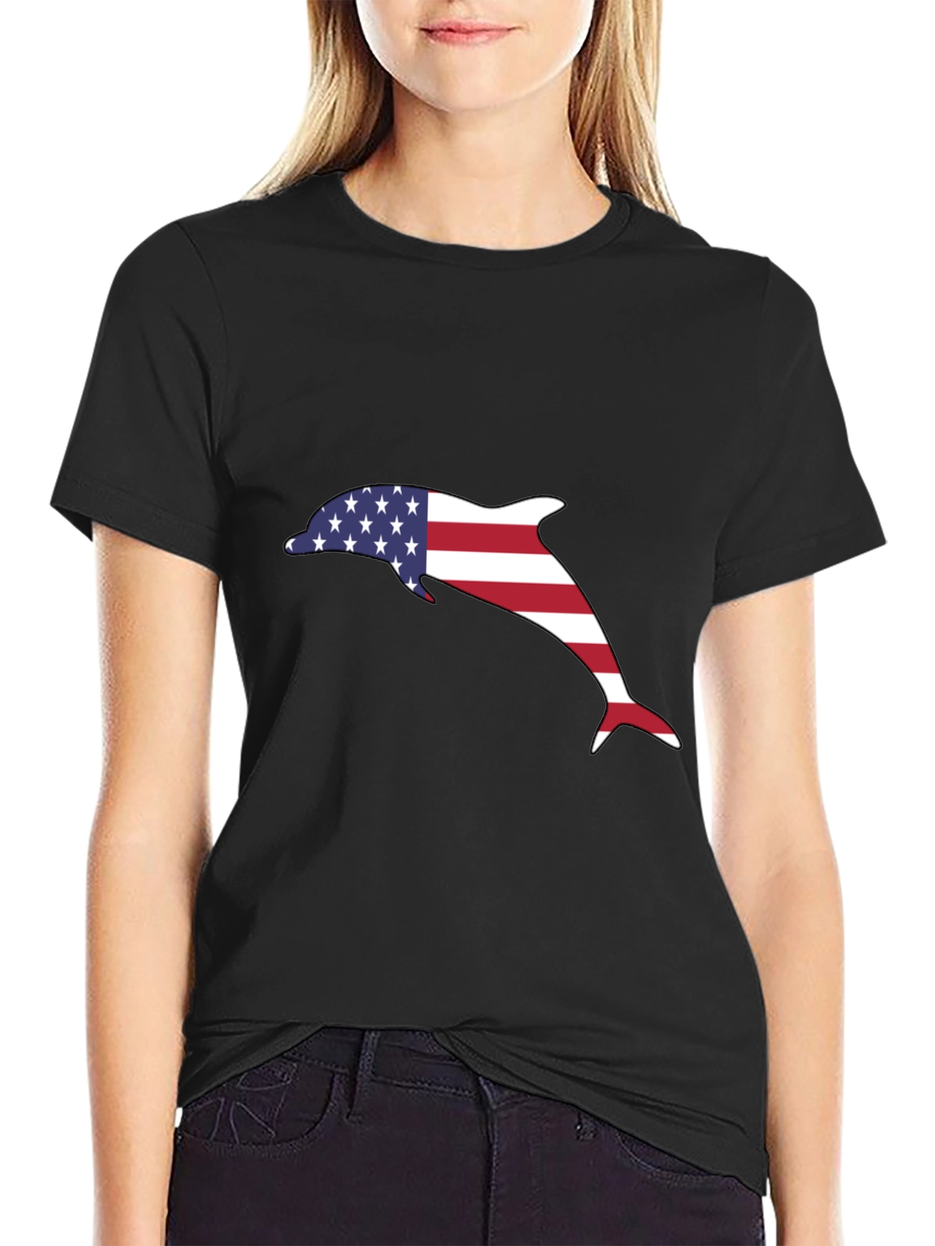 American Flag Dolphin Graphic Tee - Black