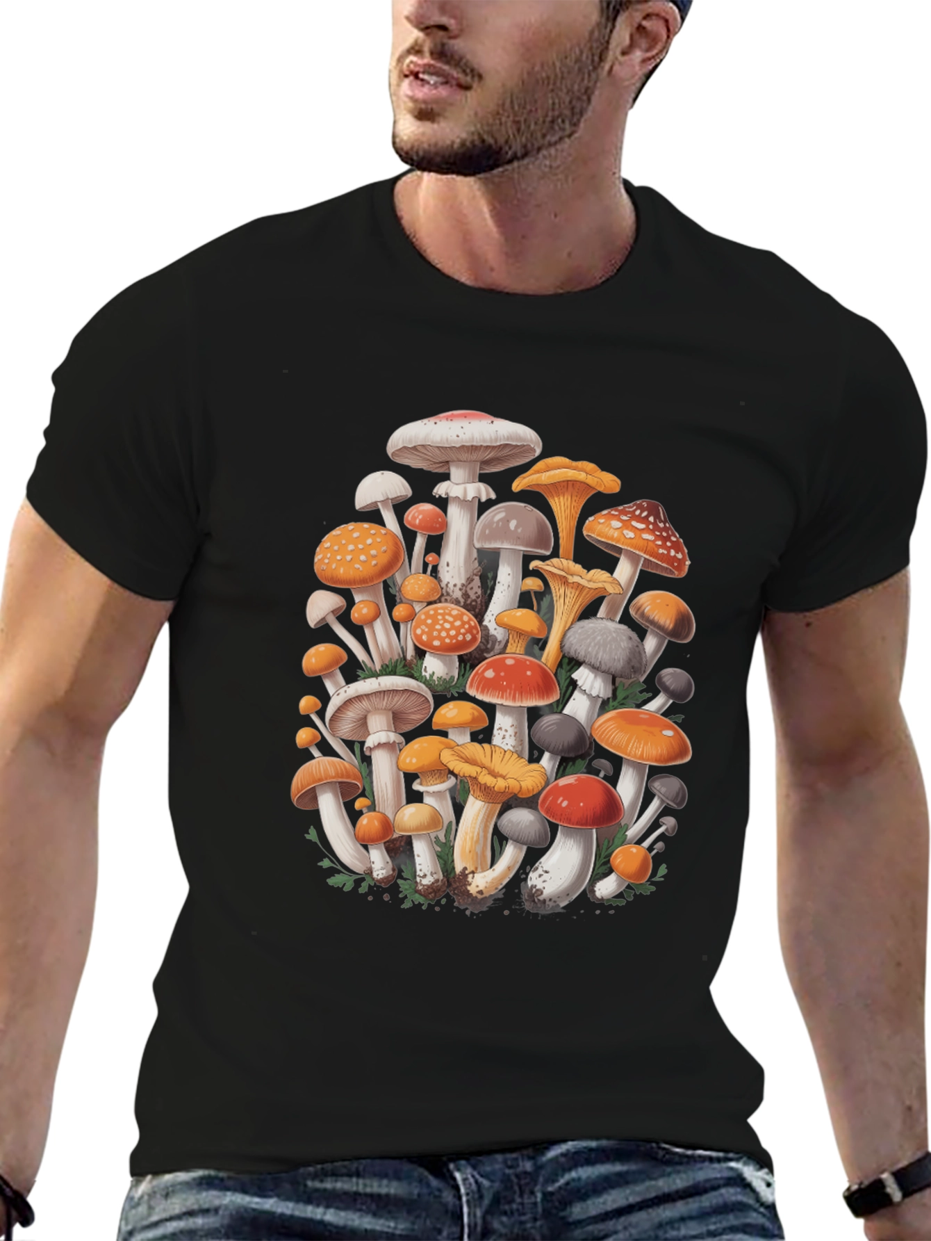 Mushroom Print Graphic Tee - Black Cotton Blend