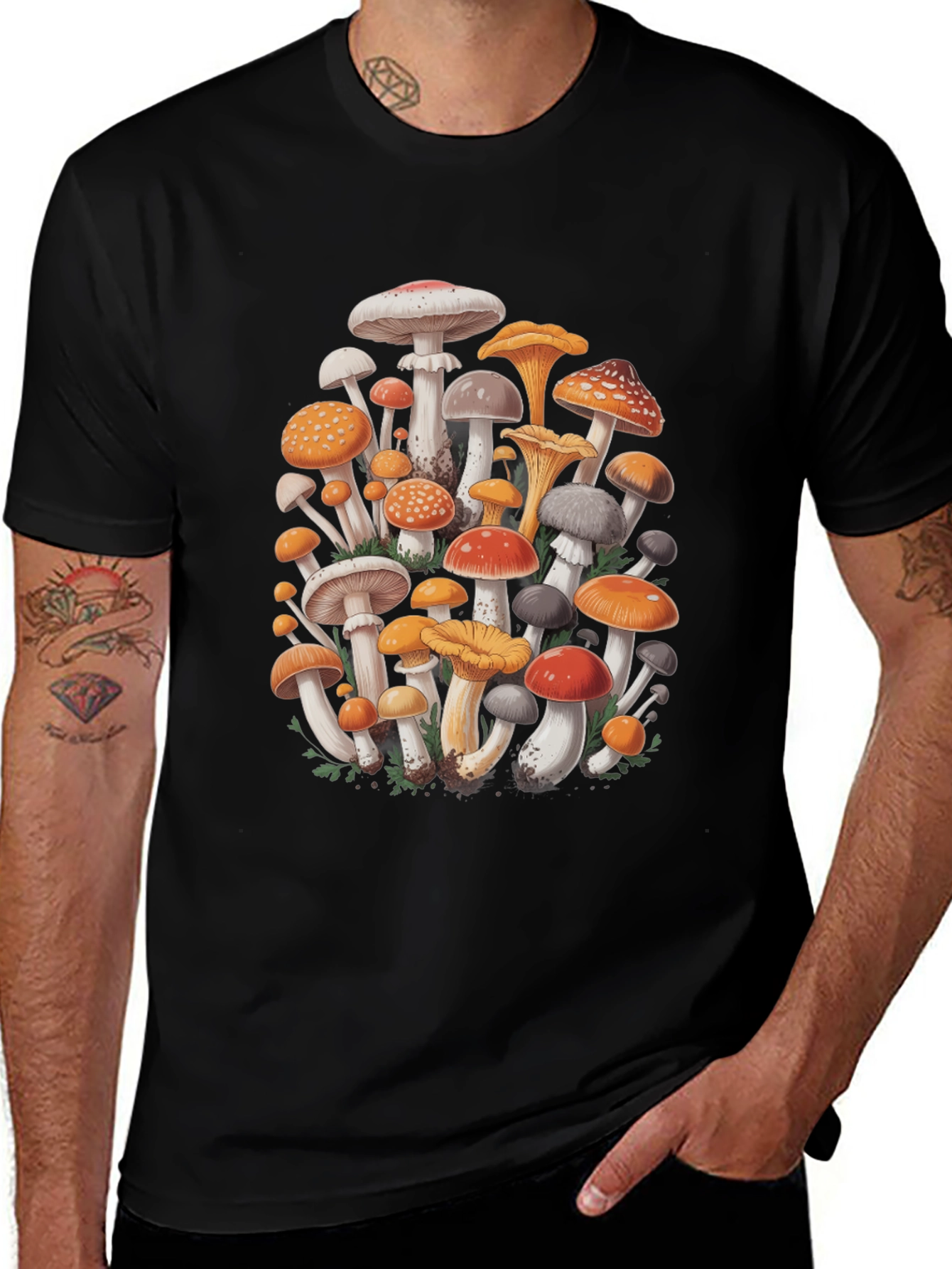 Mushroom Print Graphic Tee - Black Cotton Blend