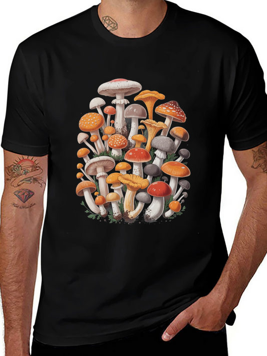 Mushroom Print Graphic Tee - Black Cotton Blend