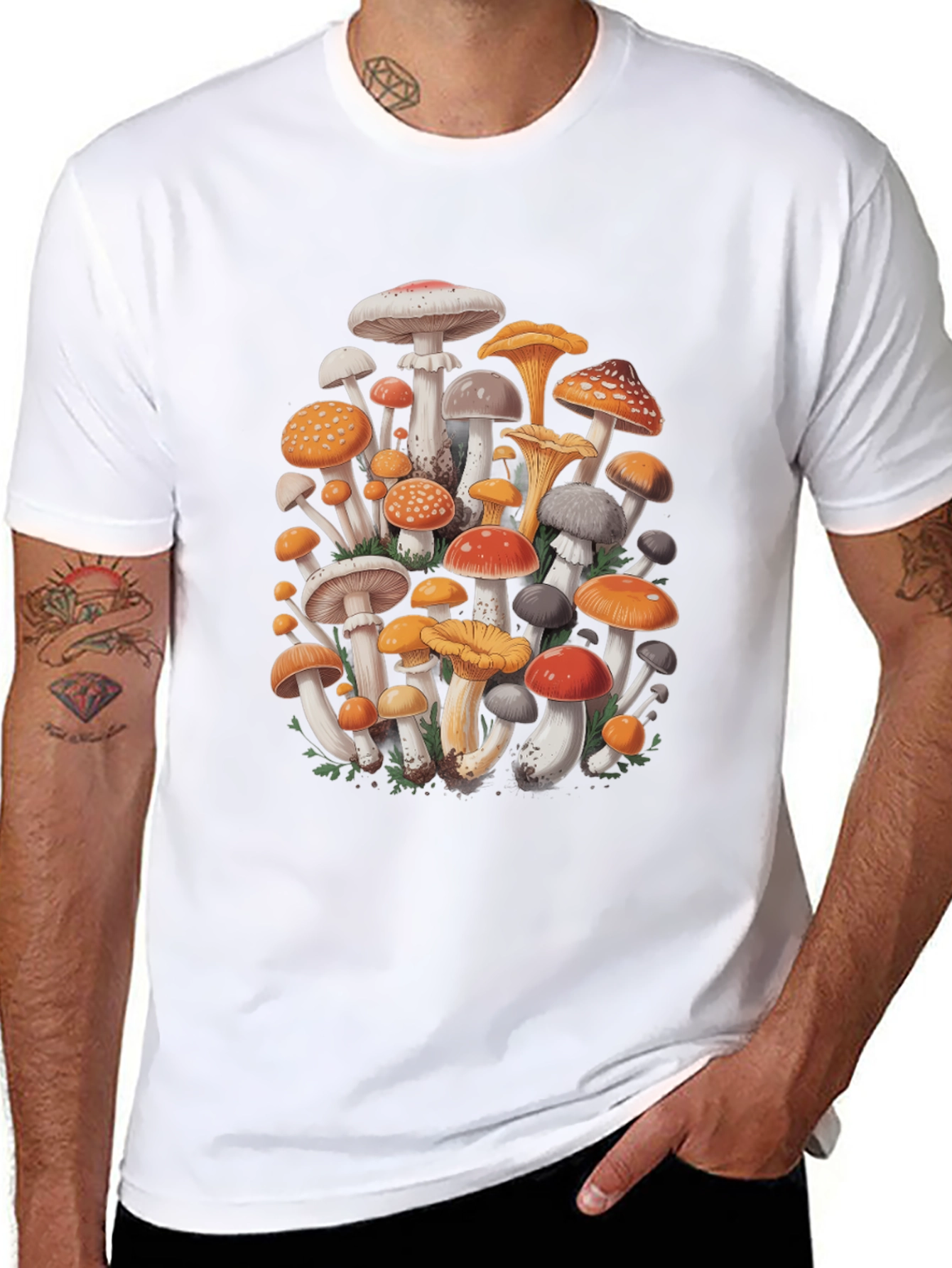 Mushroom Print Graphic Tee - Black Cotton Blend
