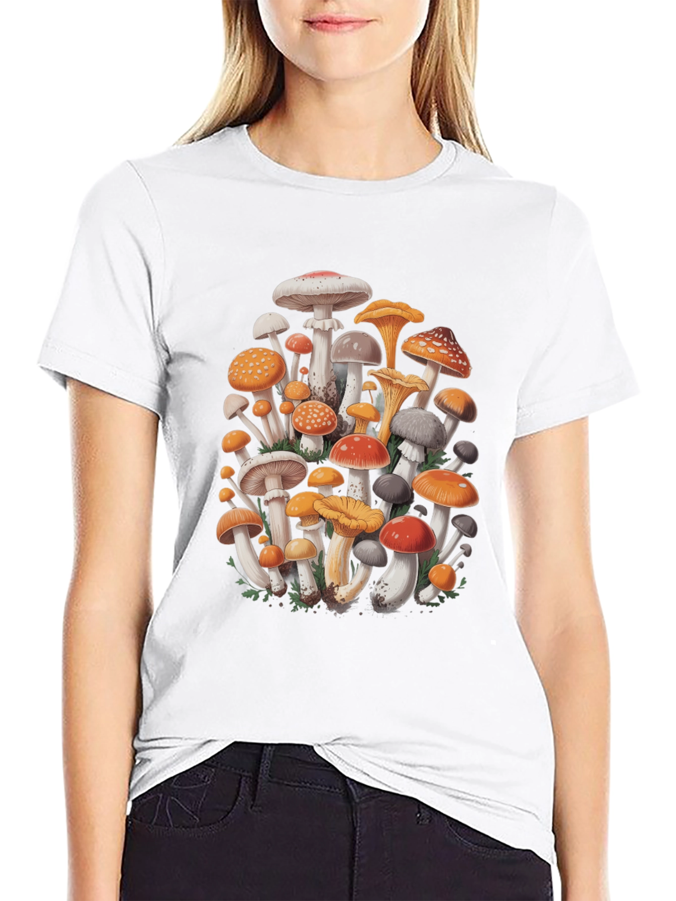 Mushroom Print Graphic Tee - Black Cotton Blend