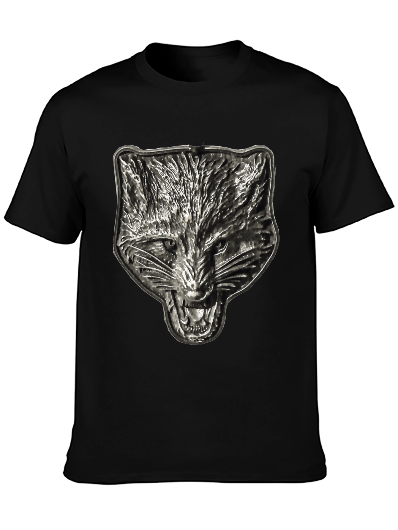 Mens Black T-Shirt with Embossed Wolf Graphic