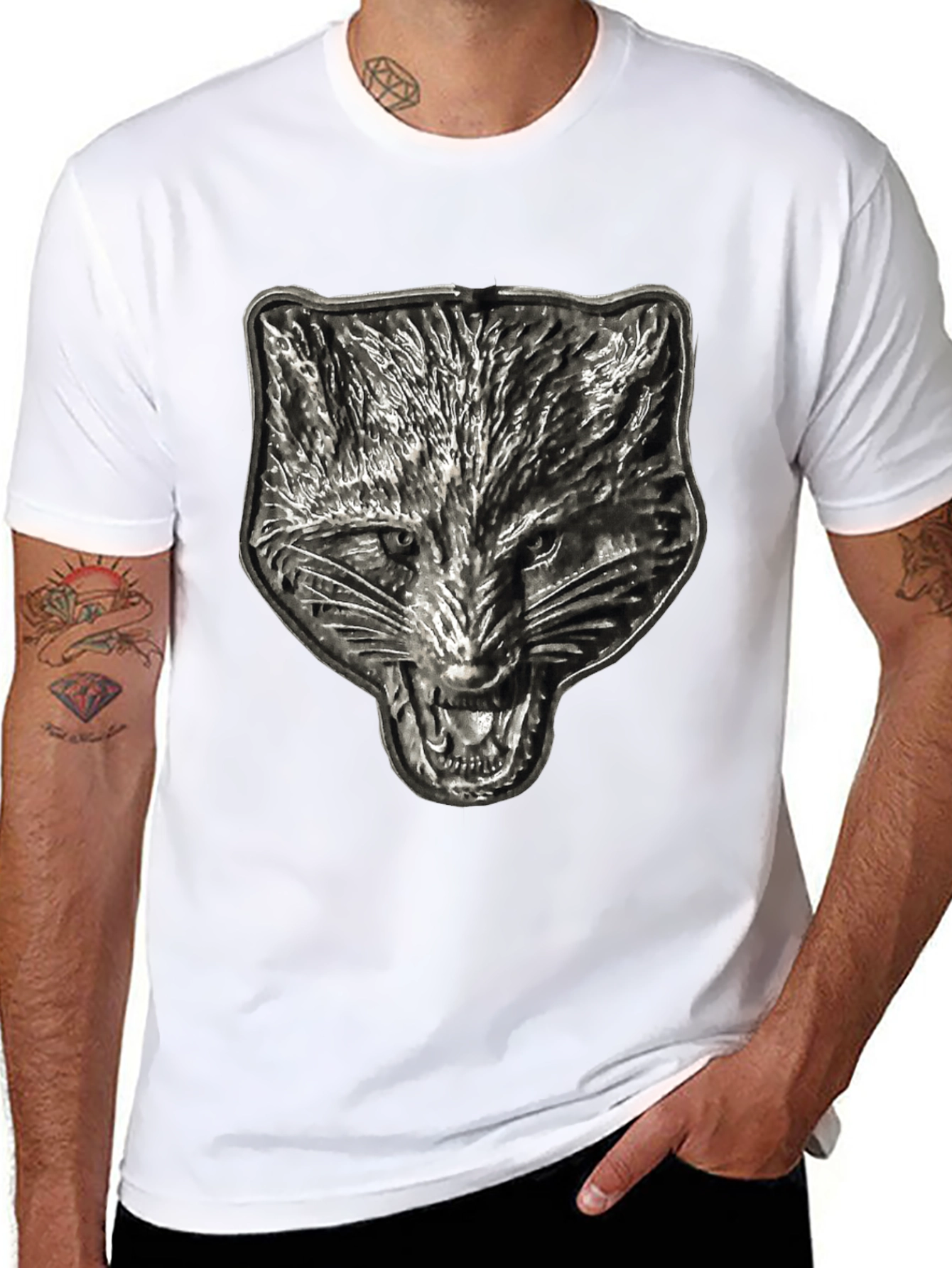Mens Black T-Shirt with Embossed Wolf Graphic
