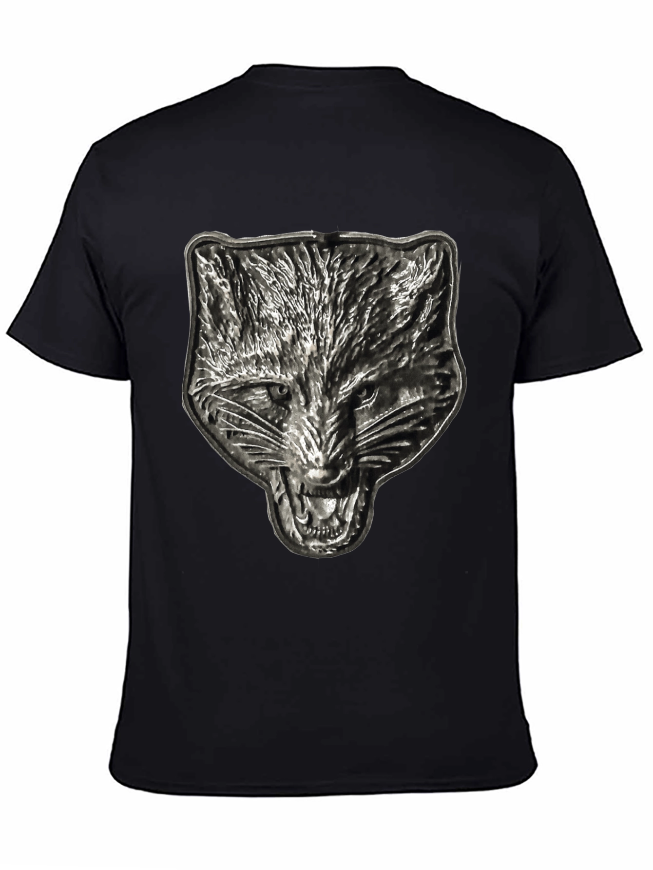 Mens Black T-Shirt with Embossed Wolf Graphic