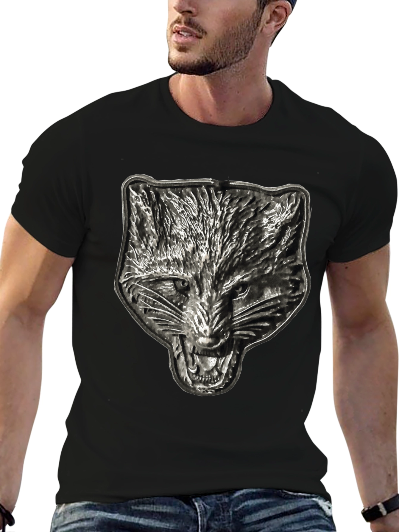Mens Black T-Shirt with Embossed Wolf Graphic