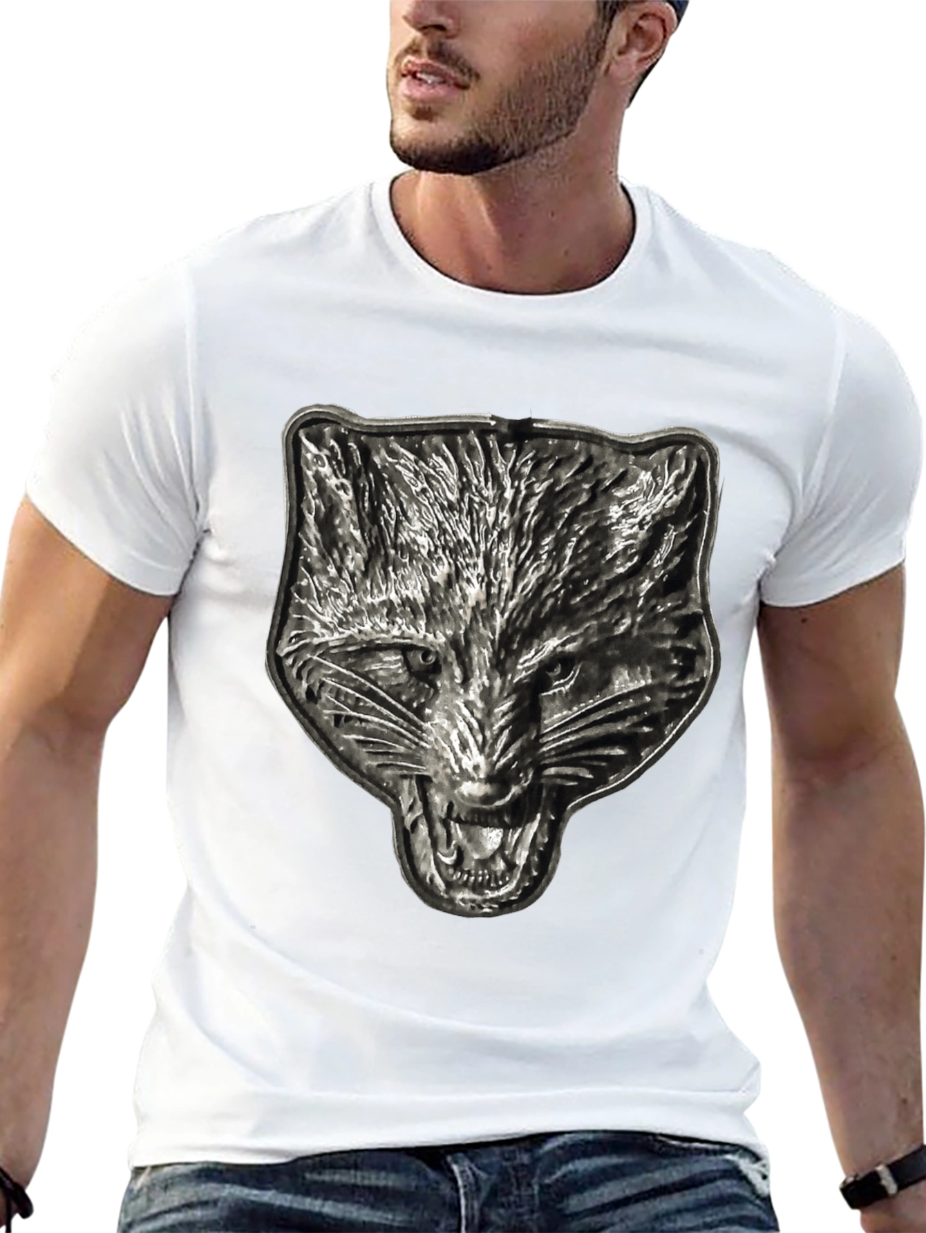 Mens Black T-Shirt with Embossed Wolf Graphic