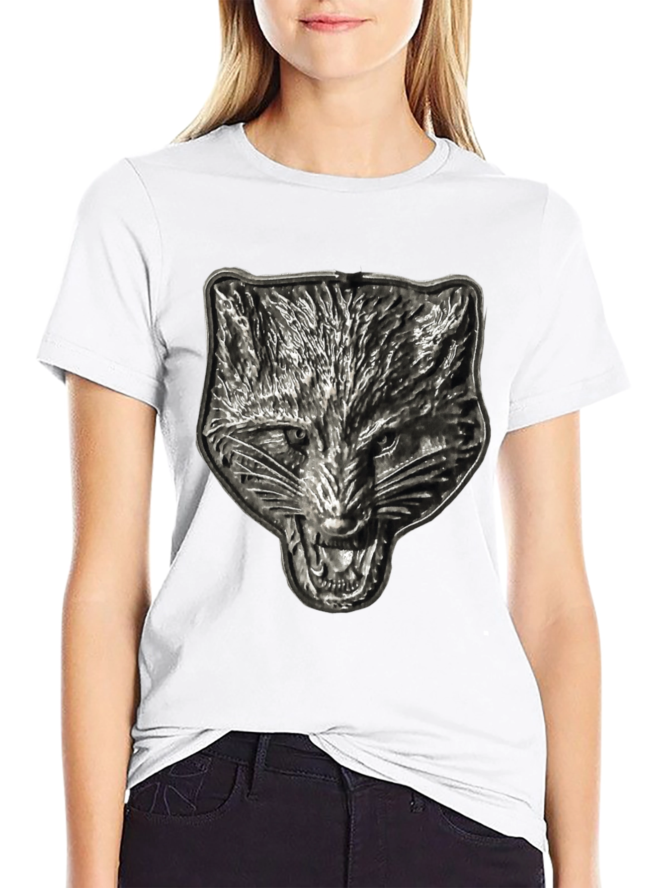 Mens Black T-Shirt with Embossed Wolf Graphic