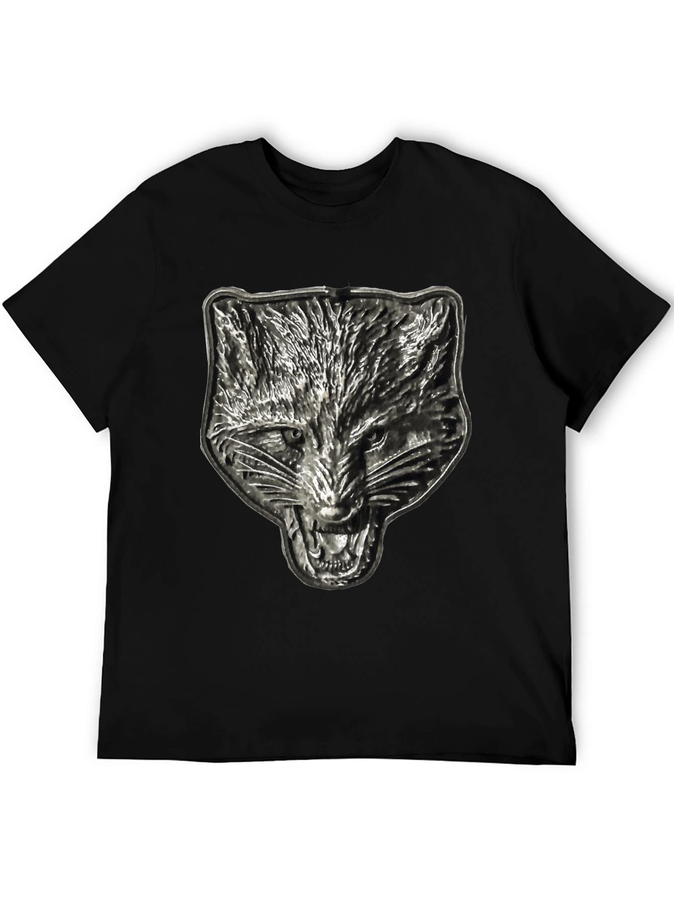 Mens Black T-Shirt with Embossed Wolf Graphic