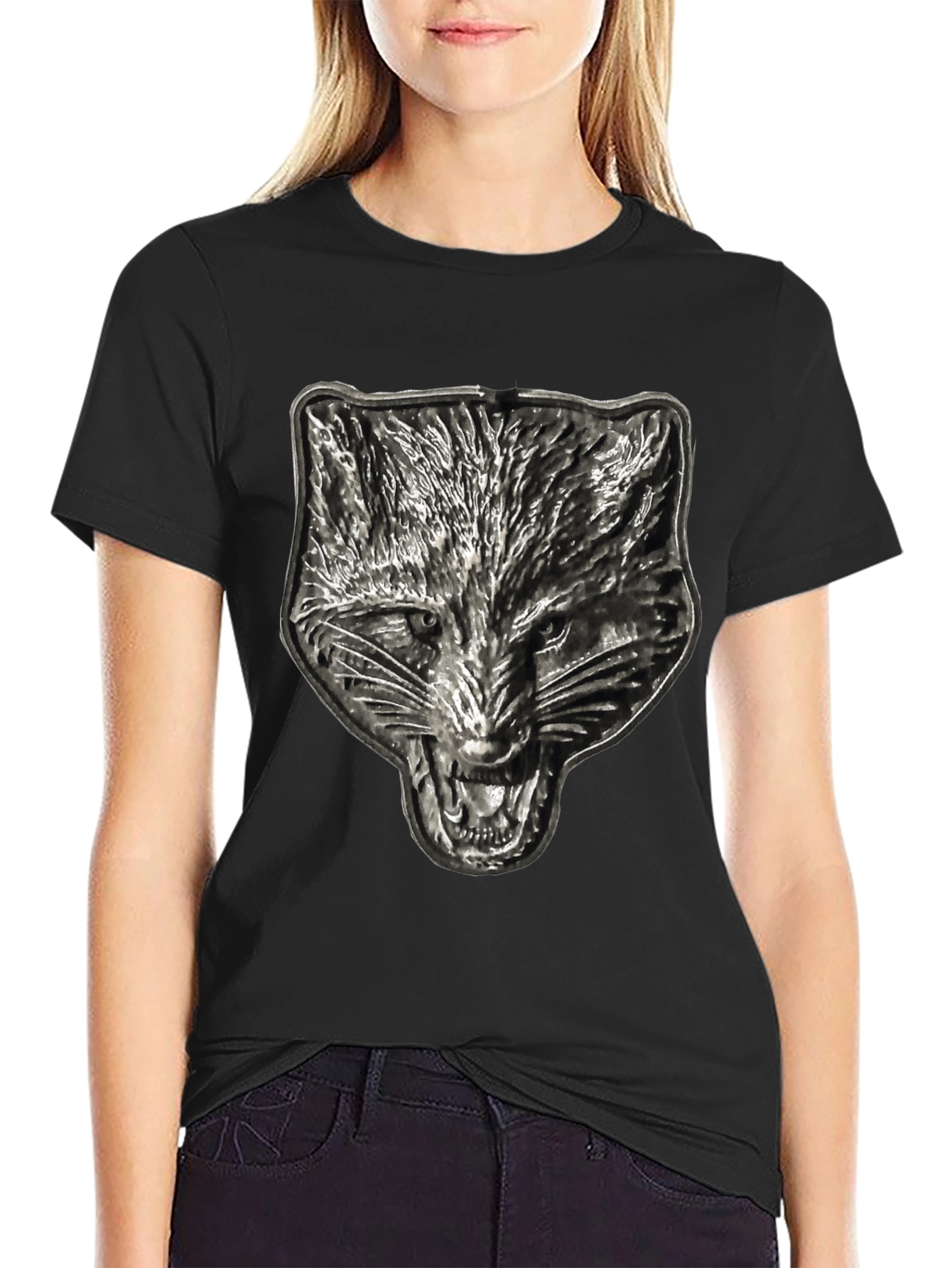 Mens Black T-Shirt with Embossed Wolf Graphic