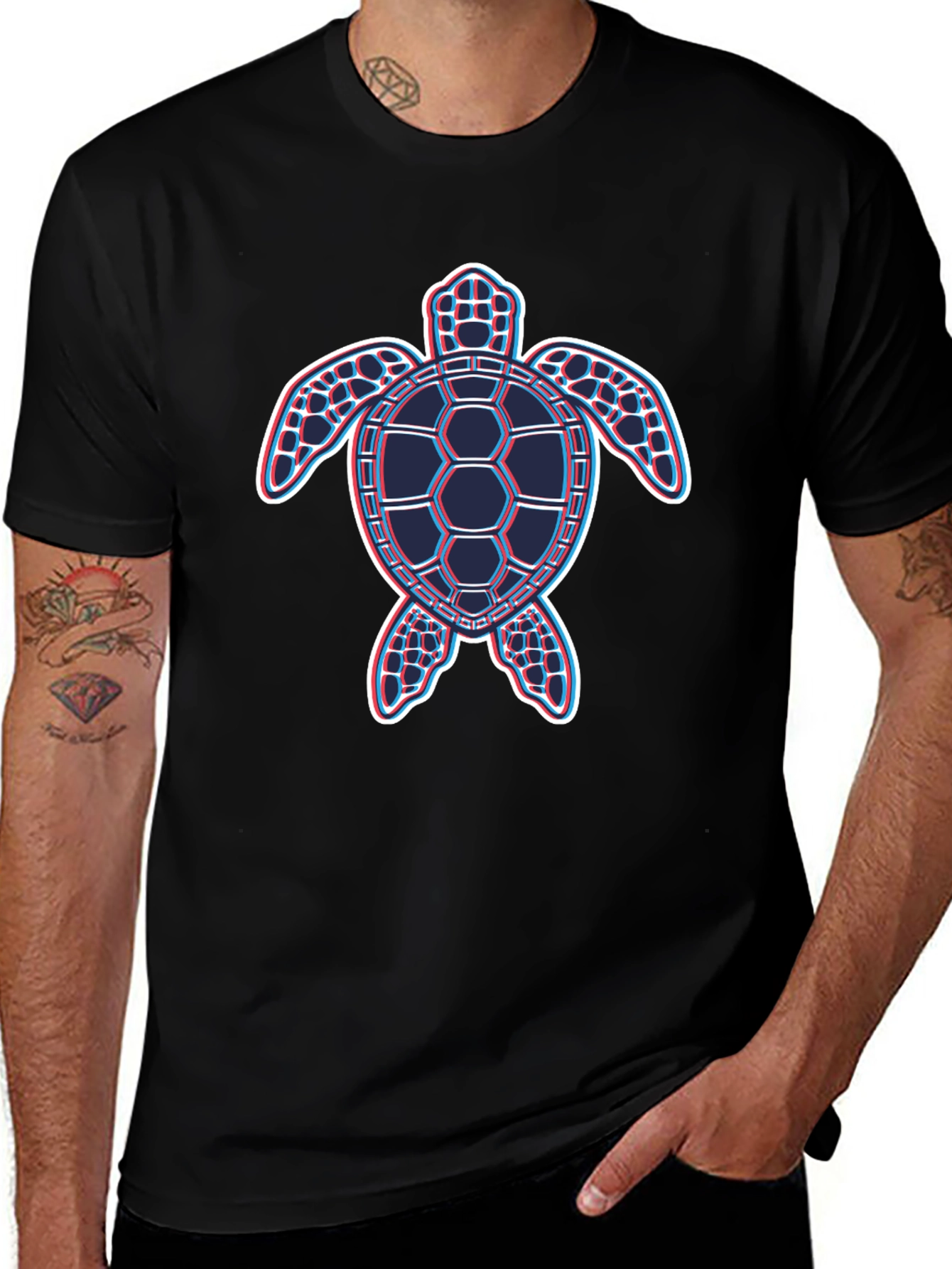 Retro Turtle Graphic T-Shirt - Black Crew Neck Tee