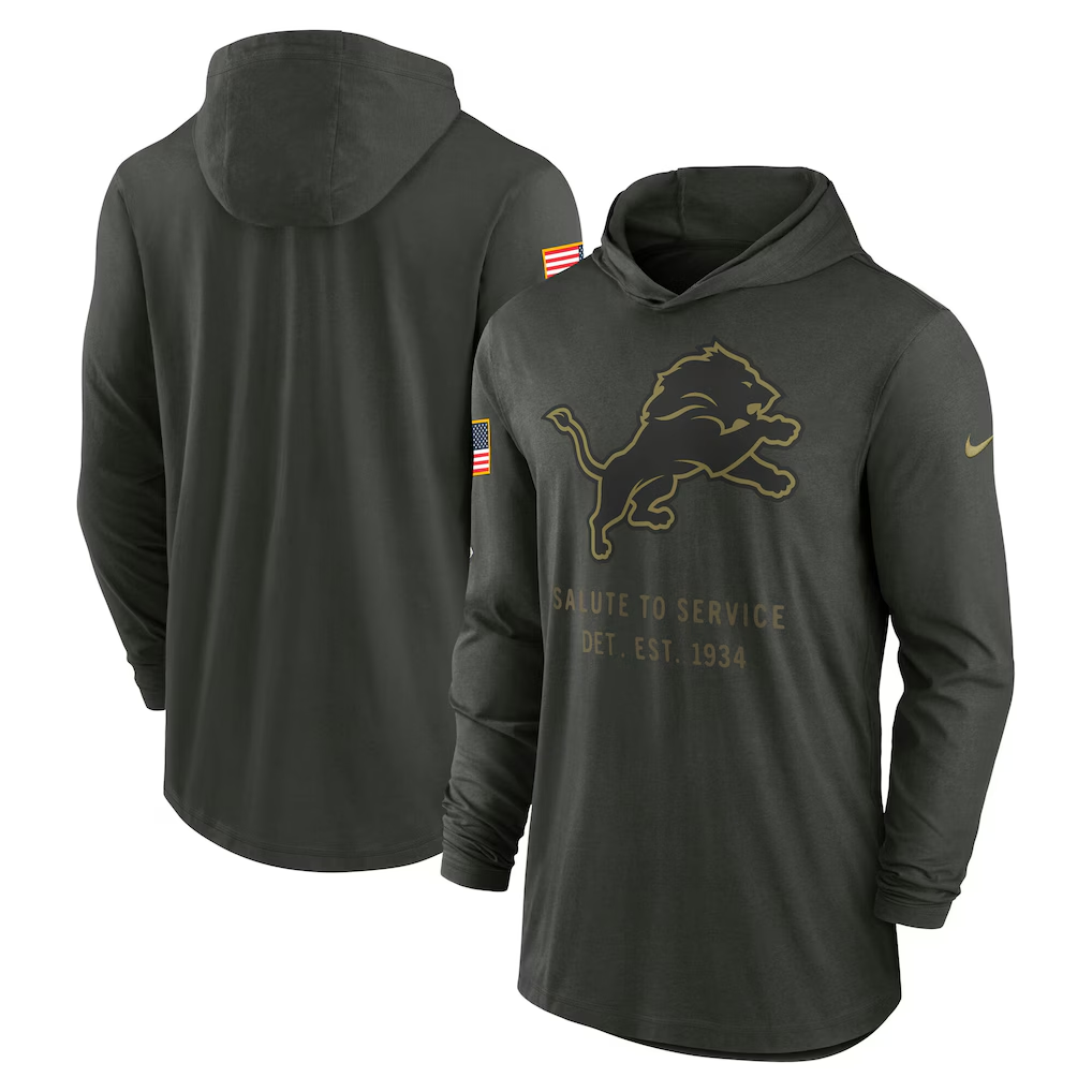 Men's Detroit Lions Nike Forest Green 2025 Salute to Service Sideline Dri-FIT Lightweight Hooded Pullover