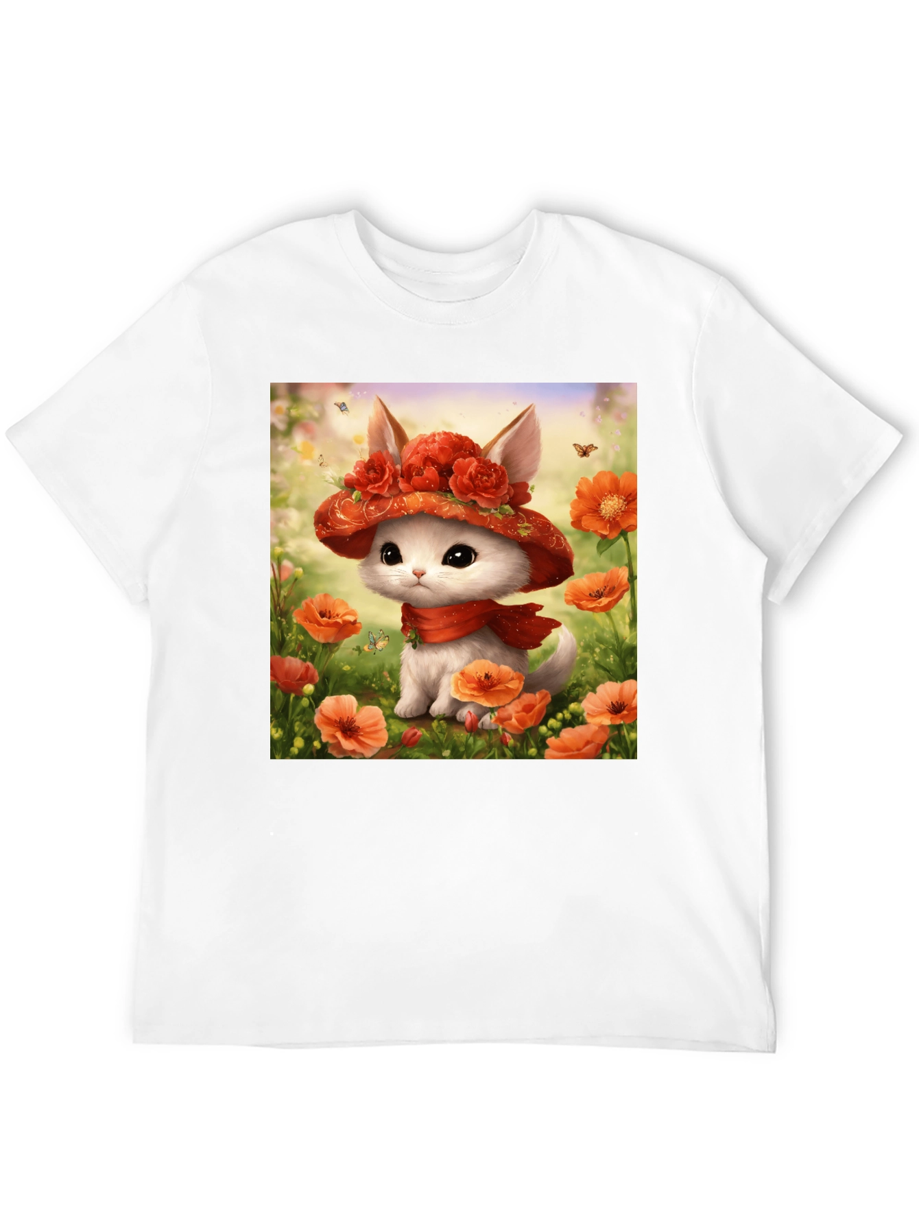 Cute Kitten Floral Hat Graphic T-Shirt