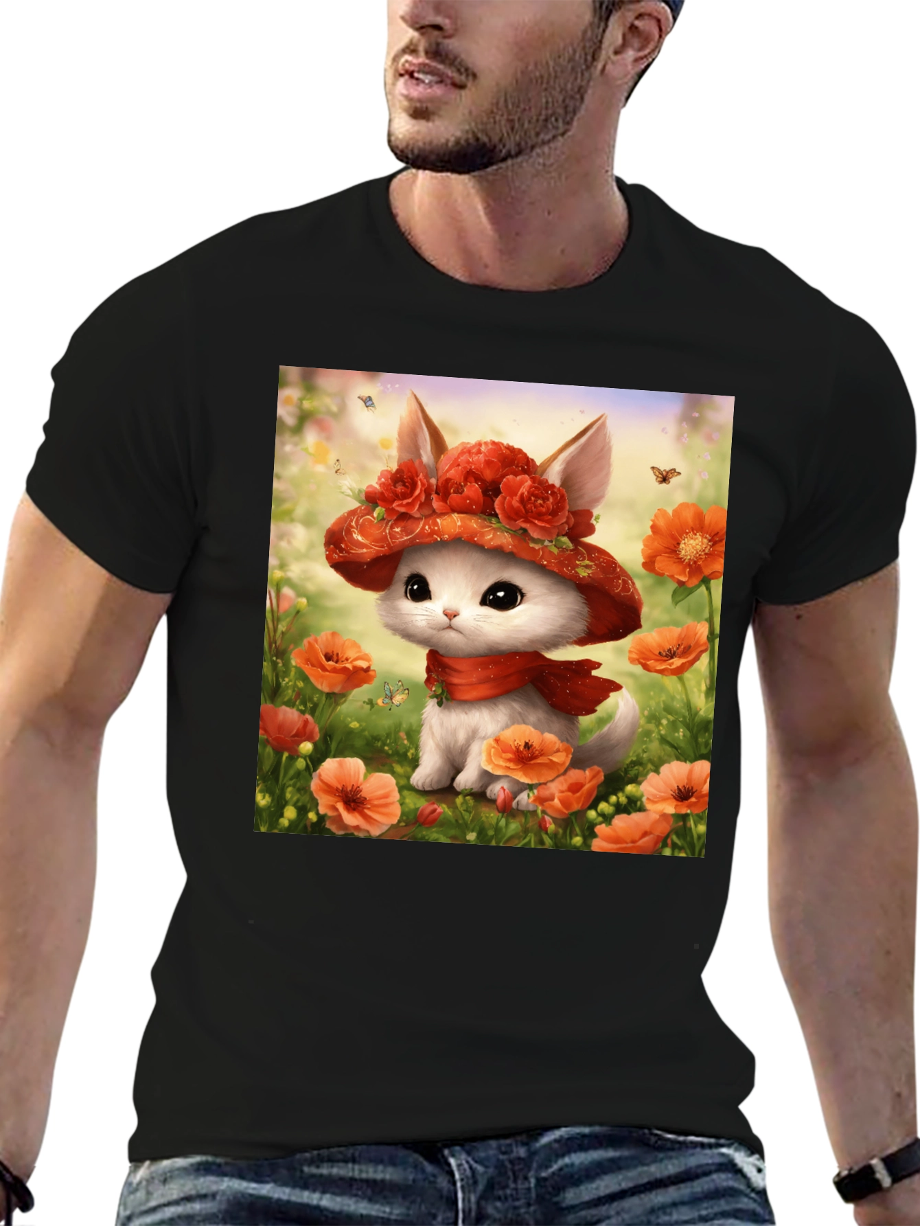 Cute Kitten Floral Hat Graphic T-Shirt