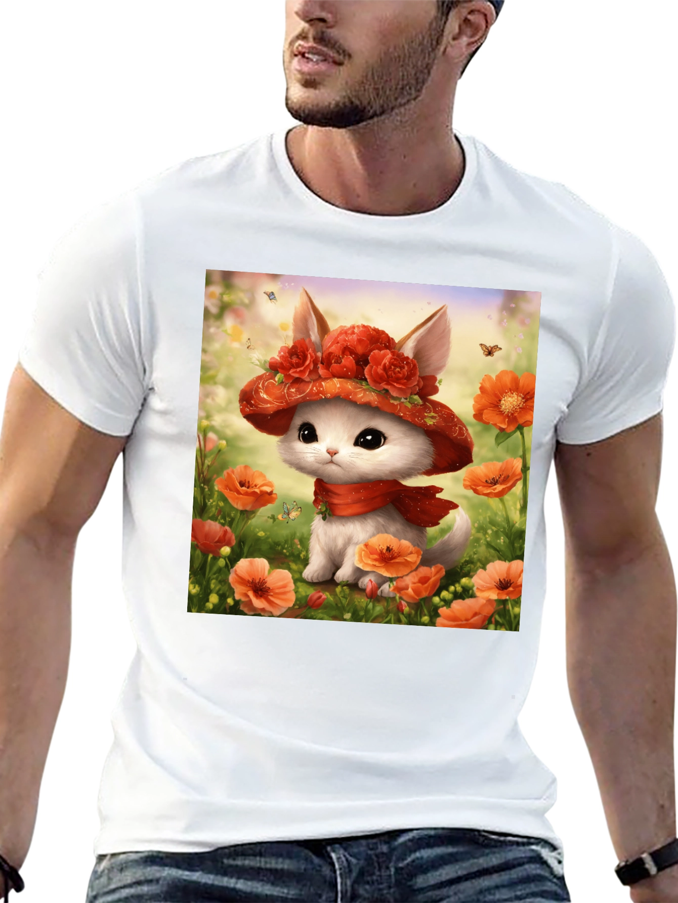 Cute Kitten Floral Hat Graphic T-Shirt