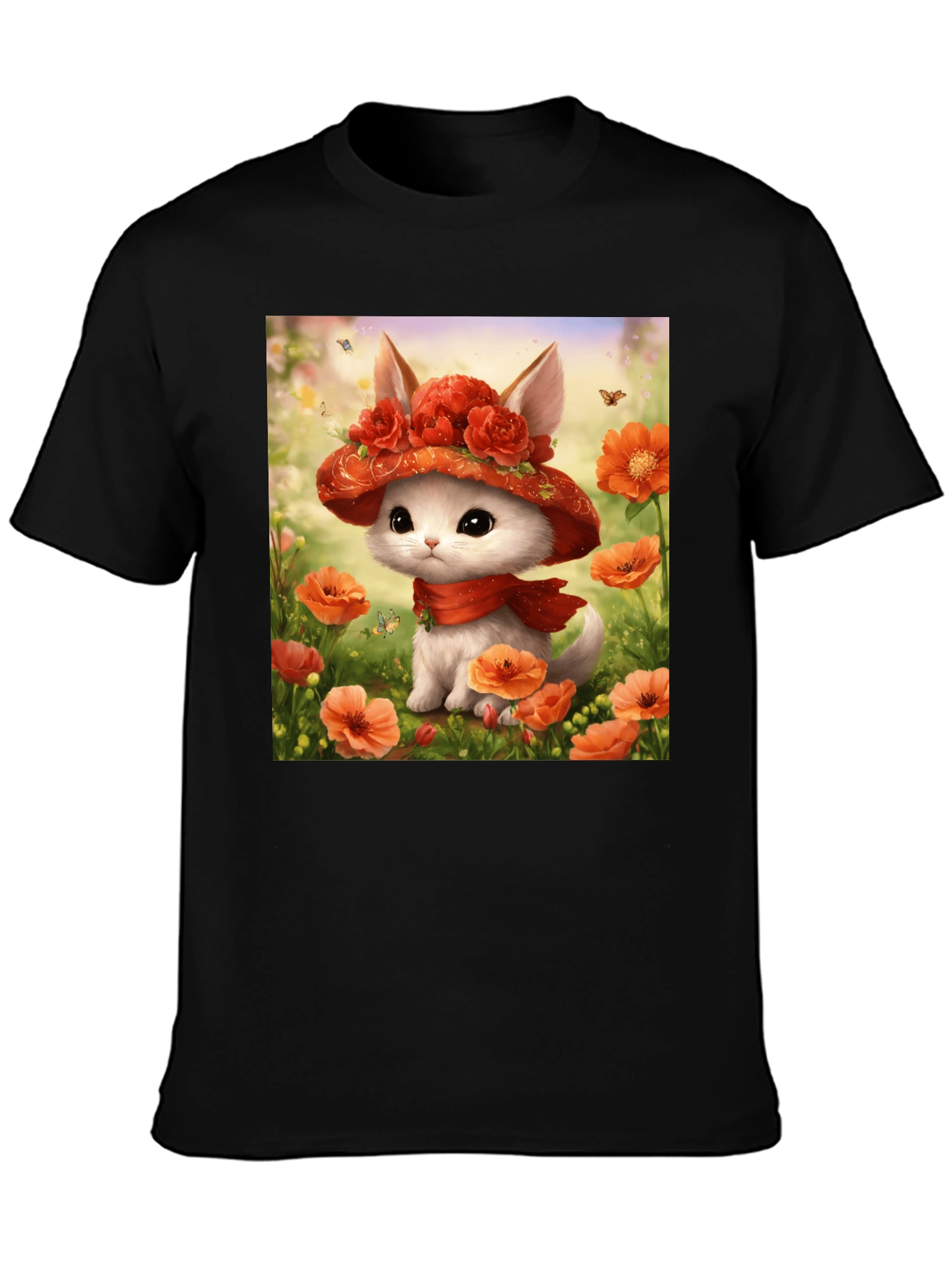 Cute Kitten Floral Hat Graphic T-Shirt