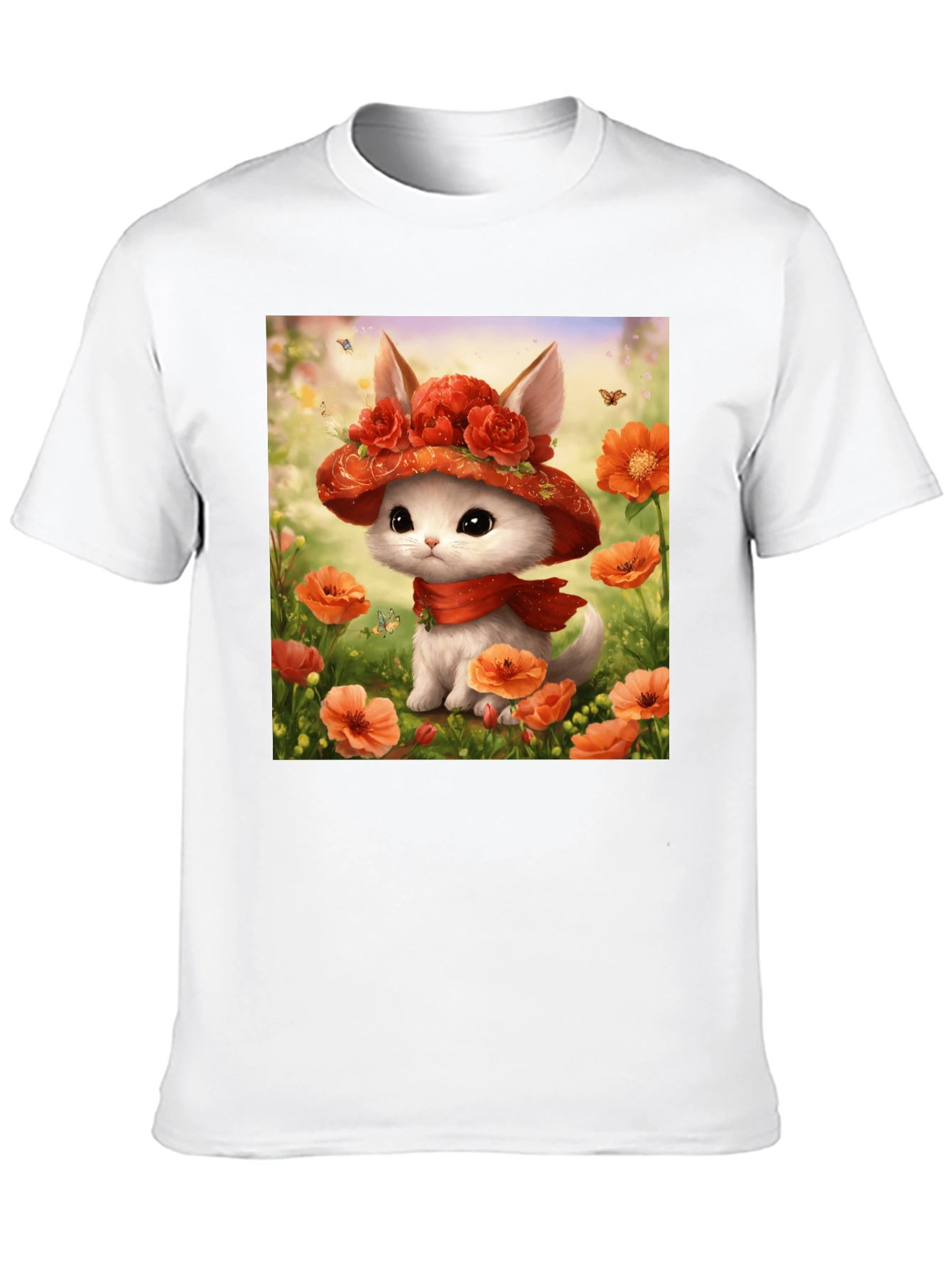 Cute Kitten Floral Hat Graphic T-Shirt