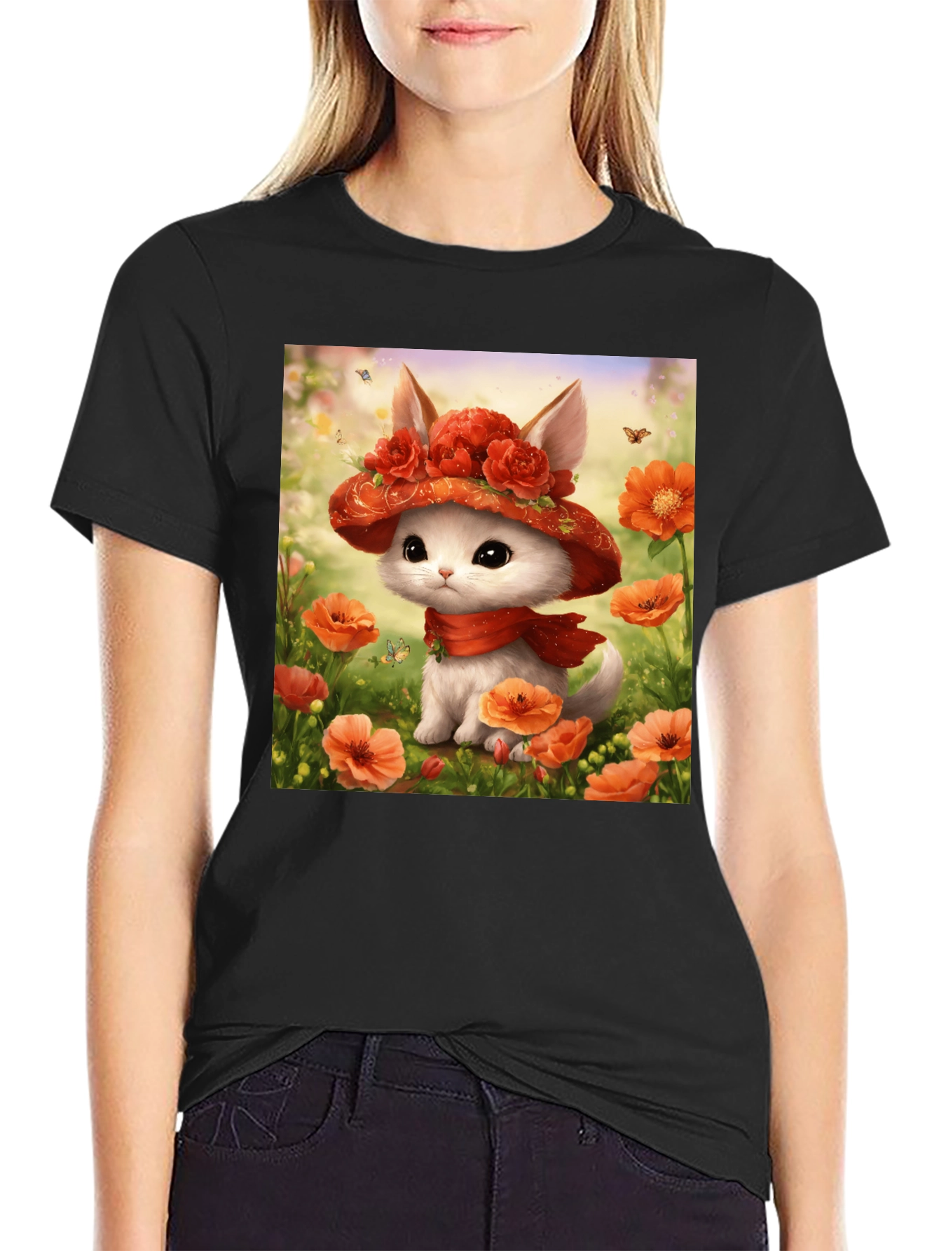 Cute Kitten Floral Hat Graphic T-Shirt