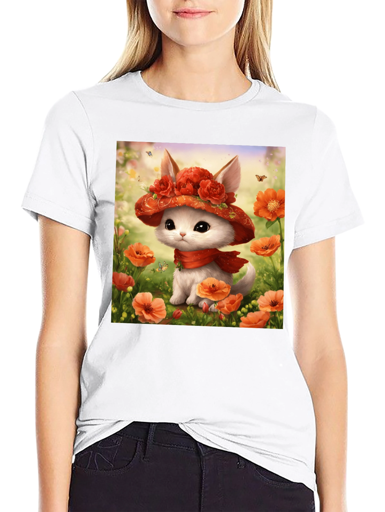 Cute Kitten Floral Hat Graphic T-Shirt