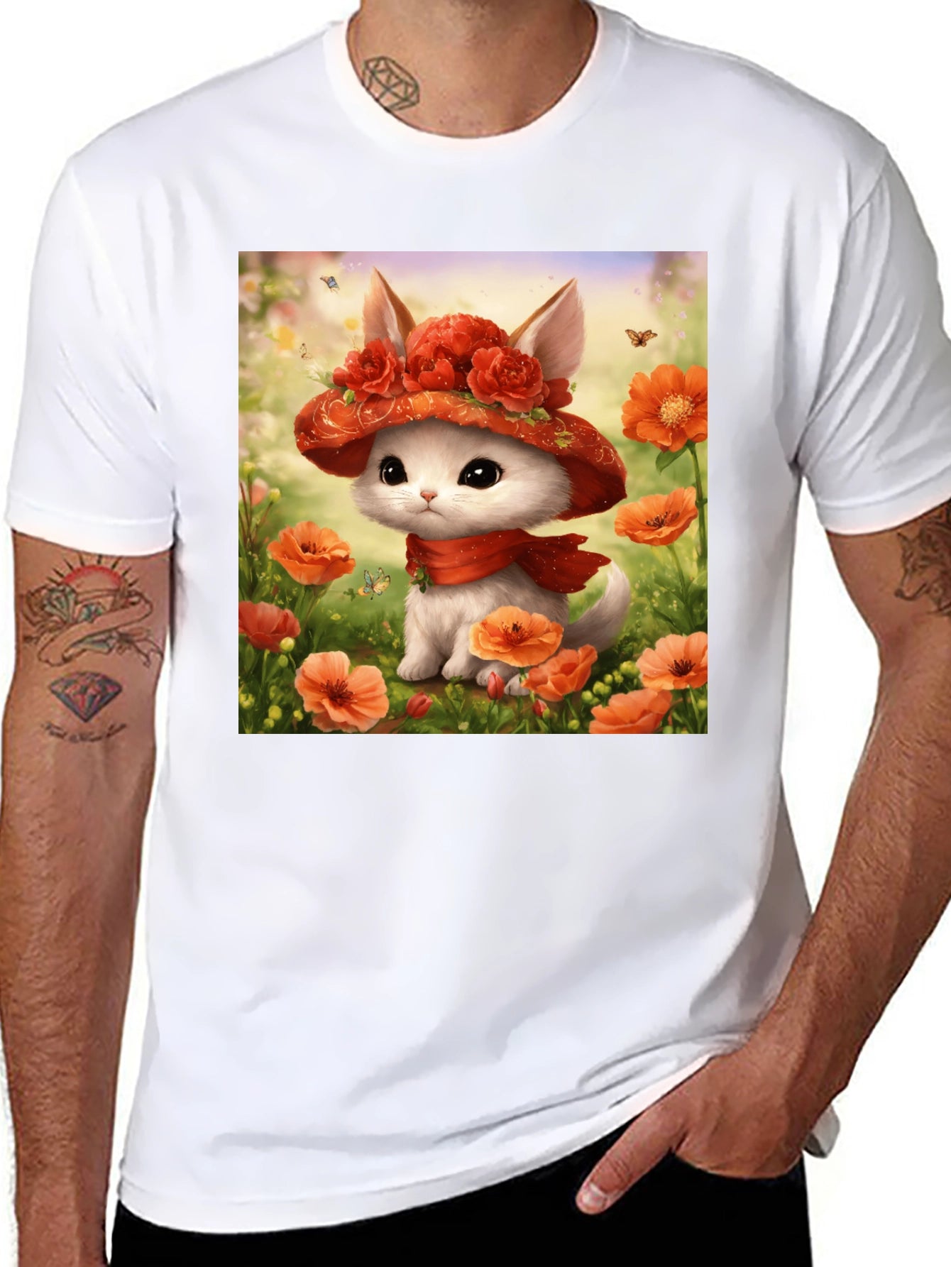 Cute Kitten Floral Hat Graphic T-Shirt