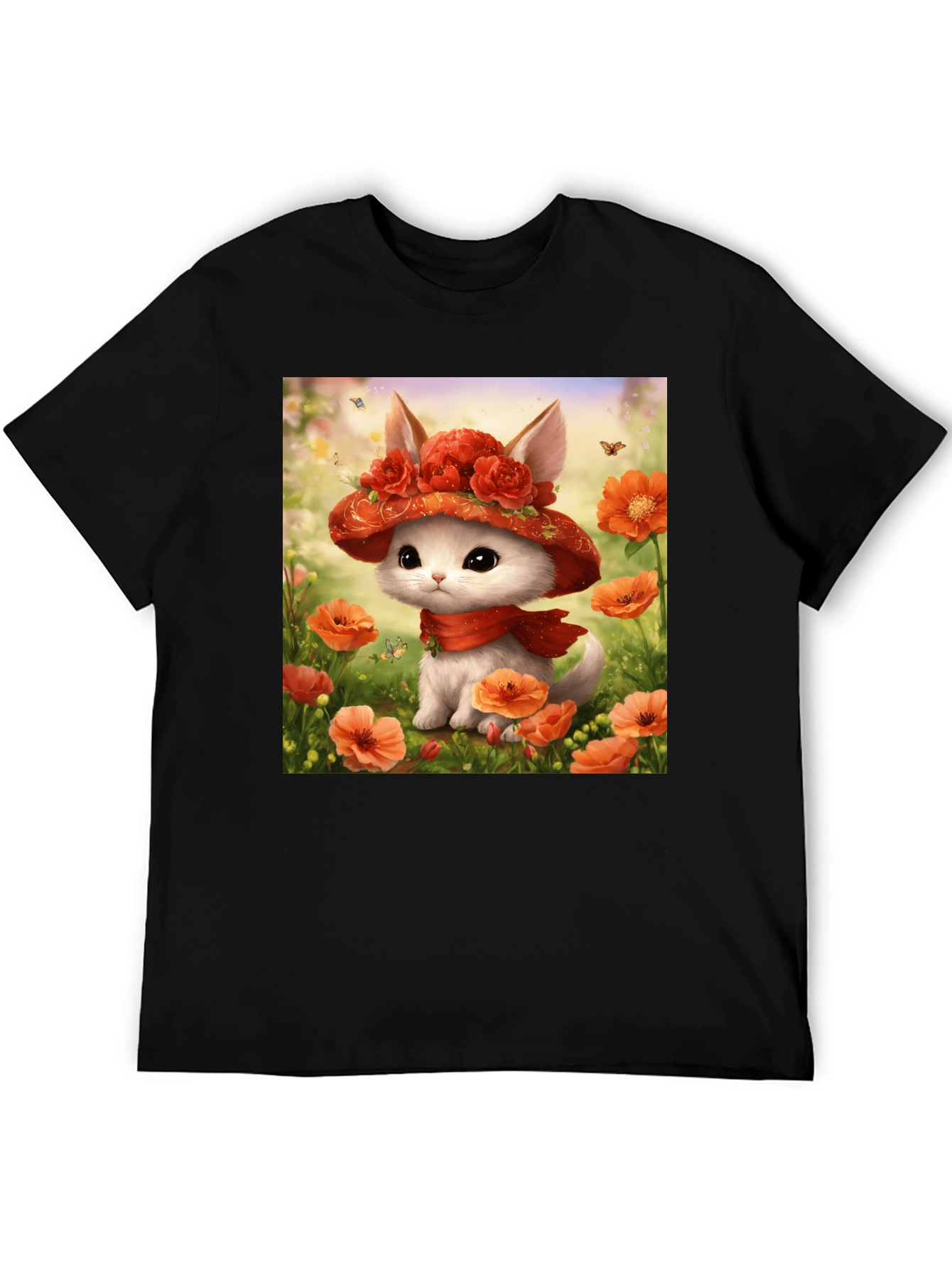 Cute Kitten Floral Hat Graphic T-Shirt